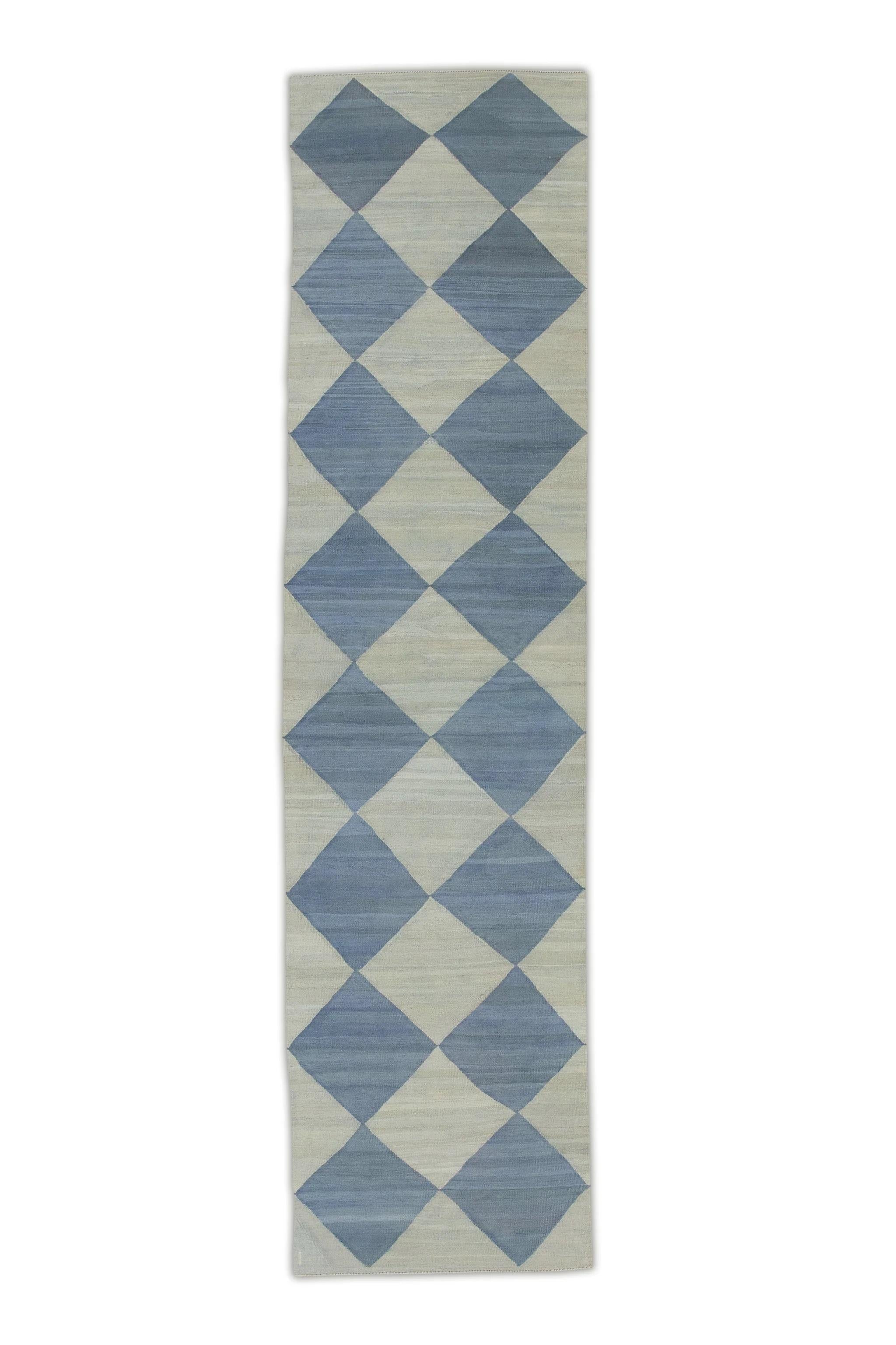 Contemporary Blue Geometric Checkered Design Flatweave Handmade Wool Runner 2'11