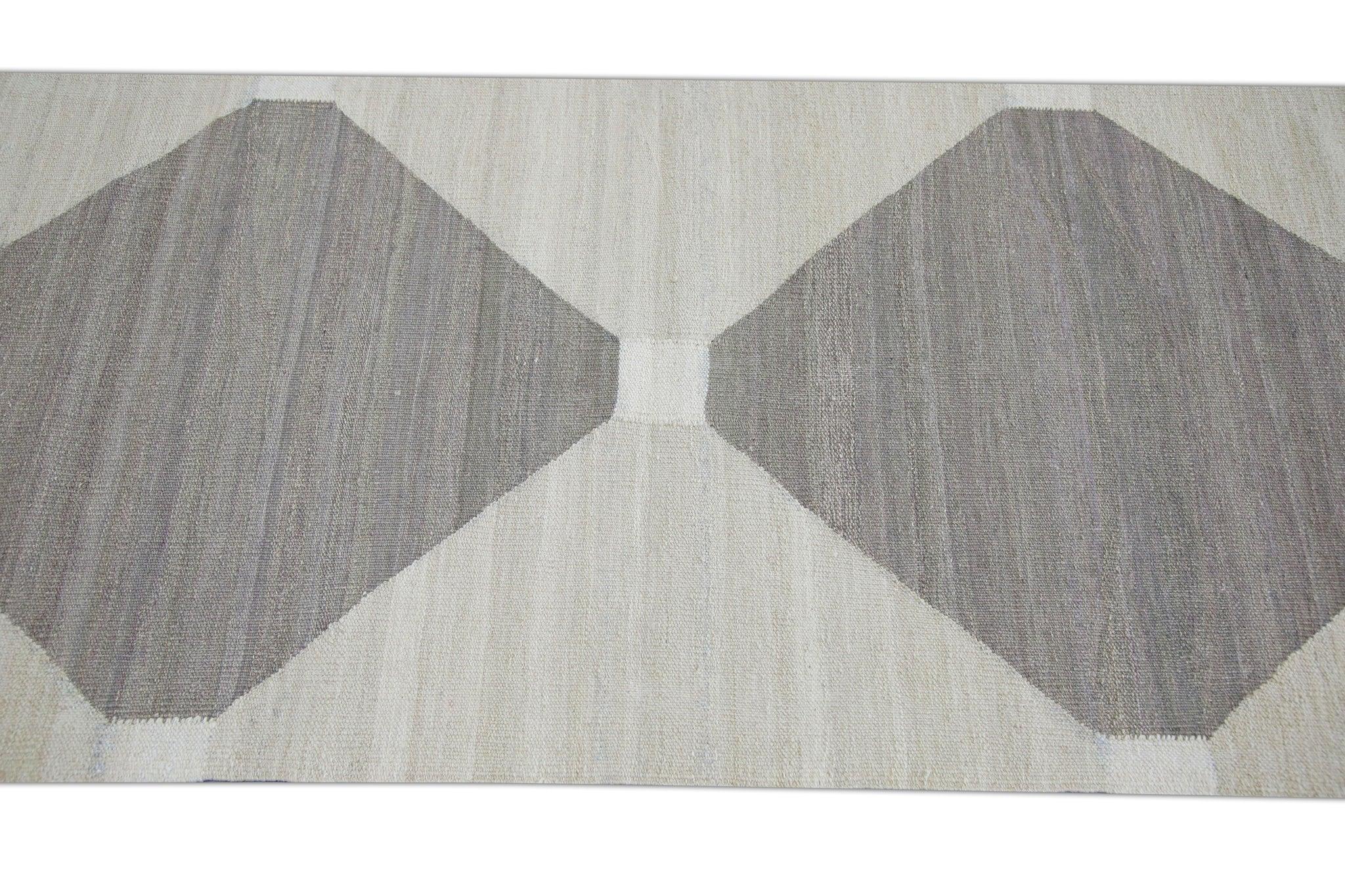 XXI secolo e contemporaneo Runner in lana fatto a mano con disegno geometrico marrone e marrone, 2'11