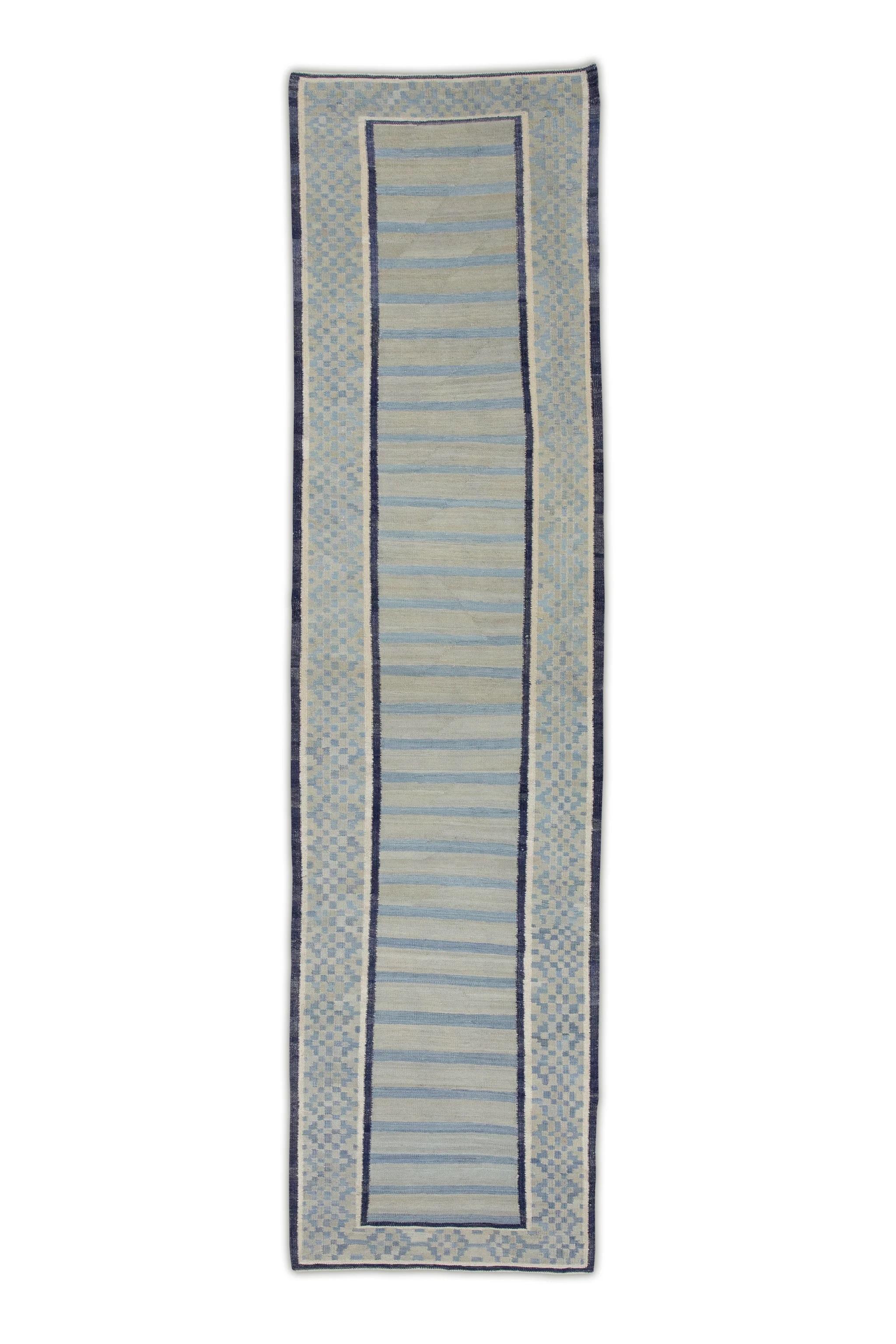 Contemporary Flatweave Handmade Wool Runner in Blue Geometric Pattern 2'11