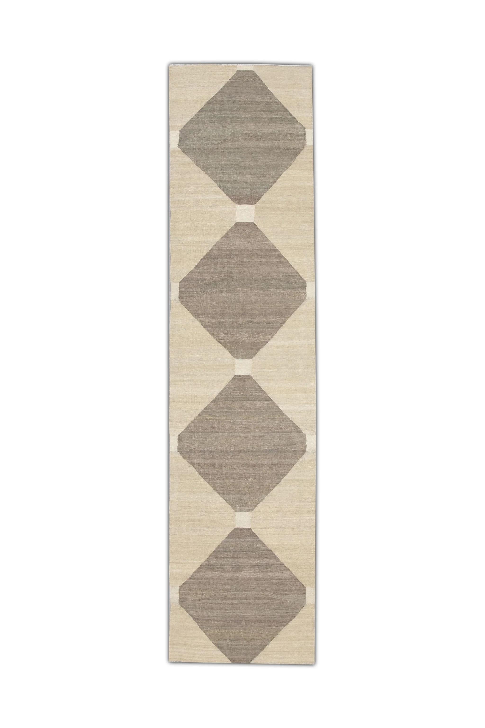 Lana Runner in lana fatto a mano con disegno geometrico marrone e marrone, 2'11