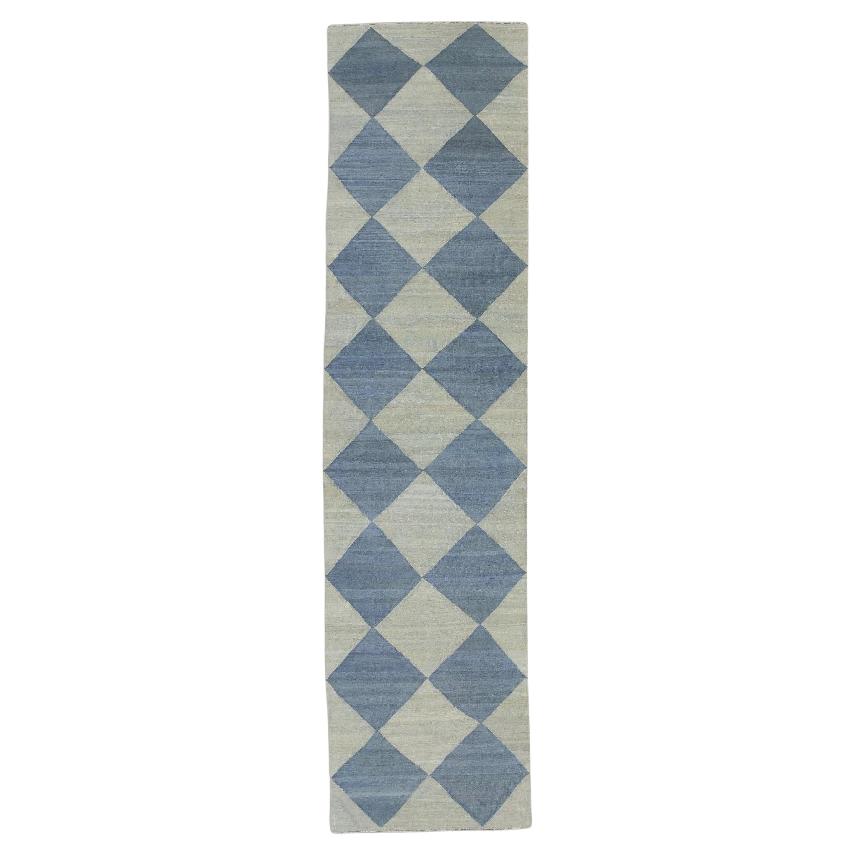 Blue Geometric Checkered Design Flatweave Handmade Wool Runner 2'11" X 12'1" For Sale