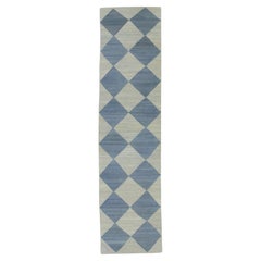 Blue Geometric Checkered Design Flatweave Handmade Wool Runner 2'11" X 12'1"
