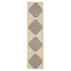 Tan and Brown Geometric Design Flatweave Handmade Wool Runner 2'11" X 12'1"