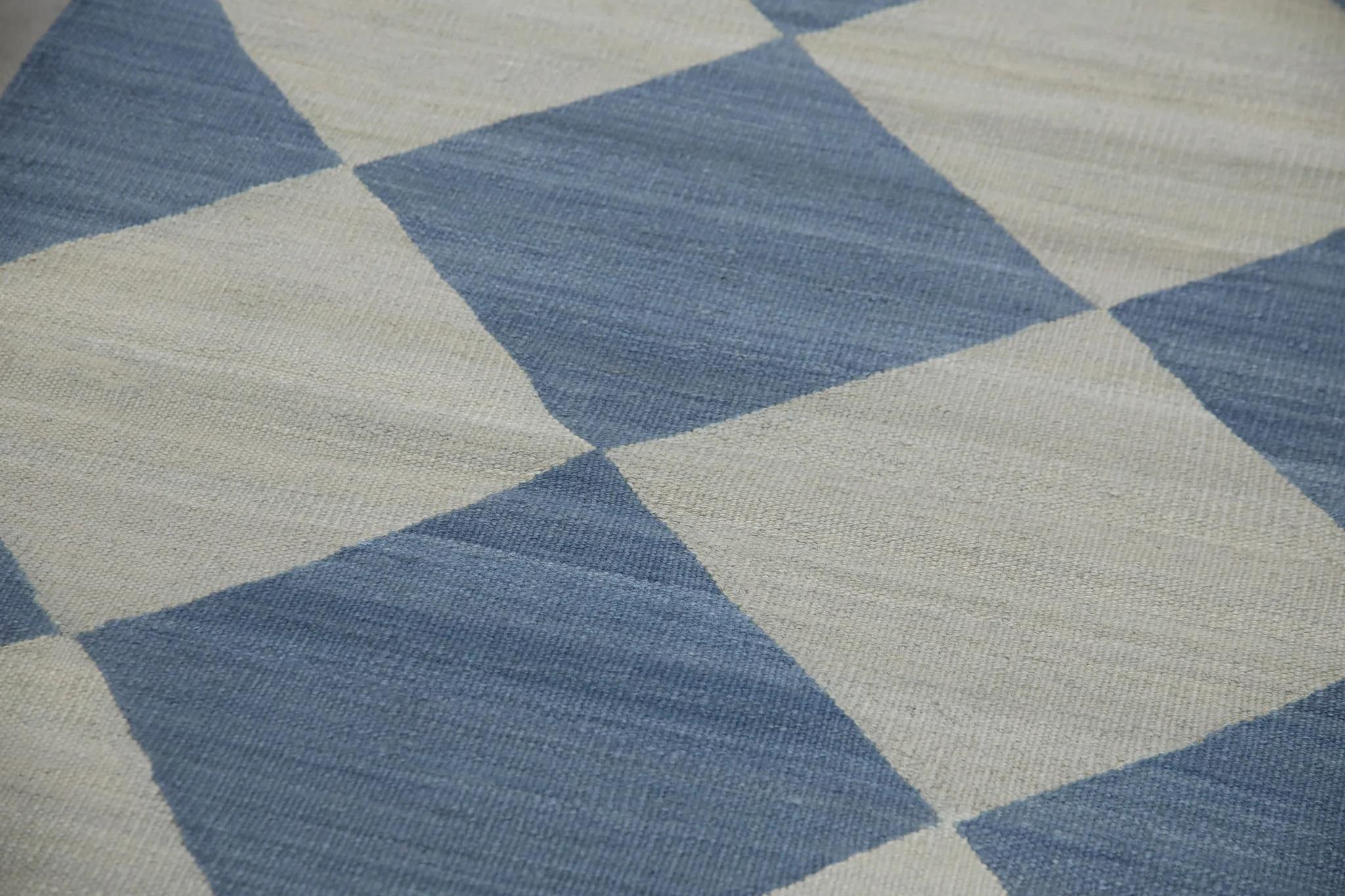 Modern Blue Checkered Pattern Flatweave Handmade Wool Rug 2'11