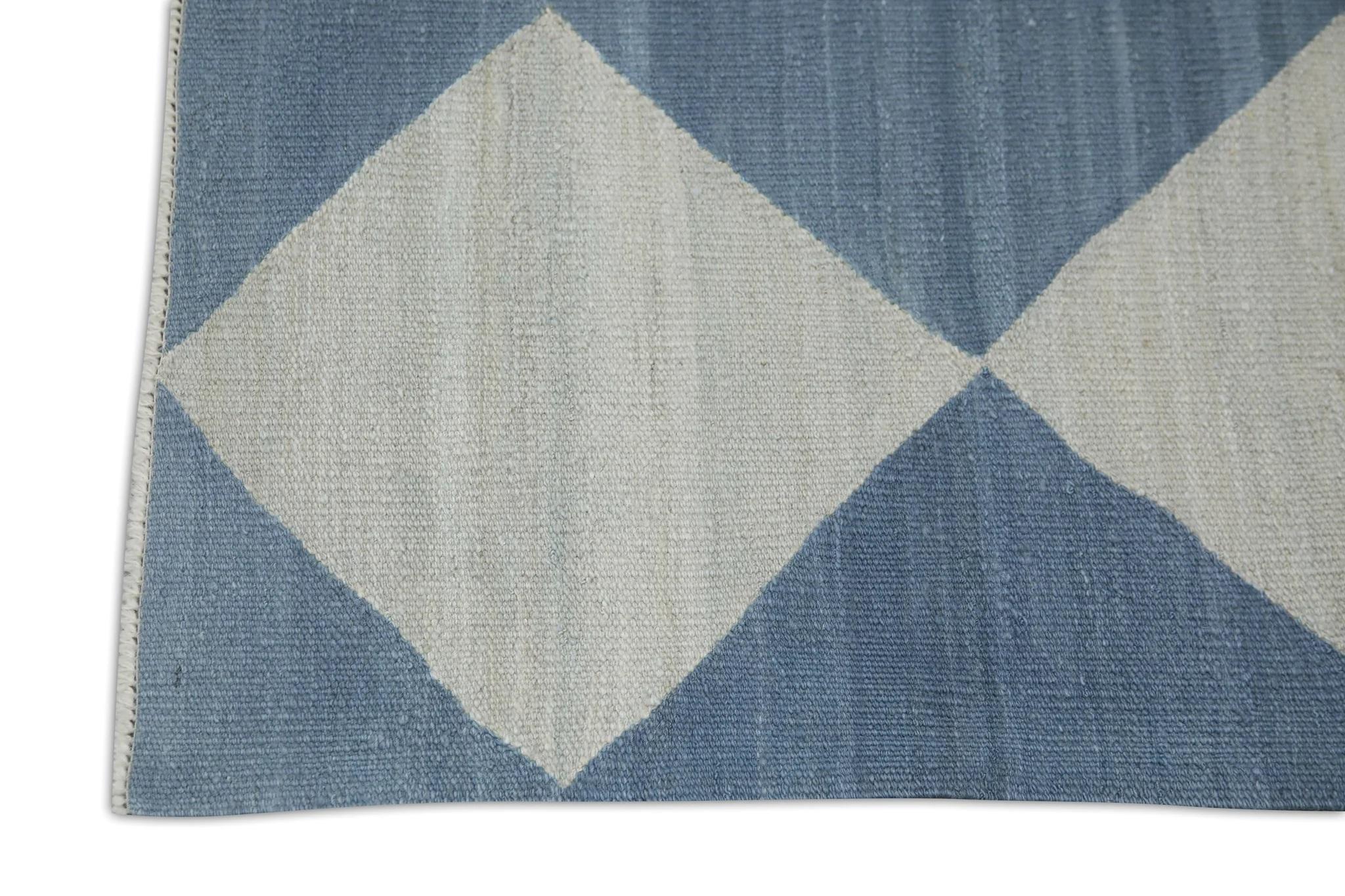 Turkish Blue Checkered Pattern Flatweave Handmade Wool Rug 2'11