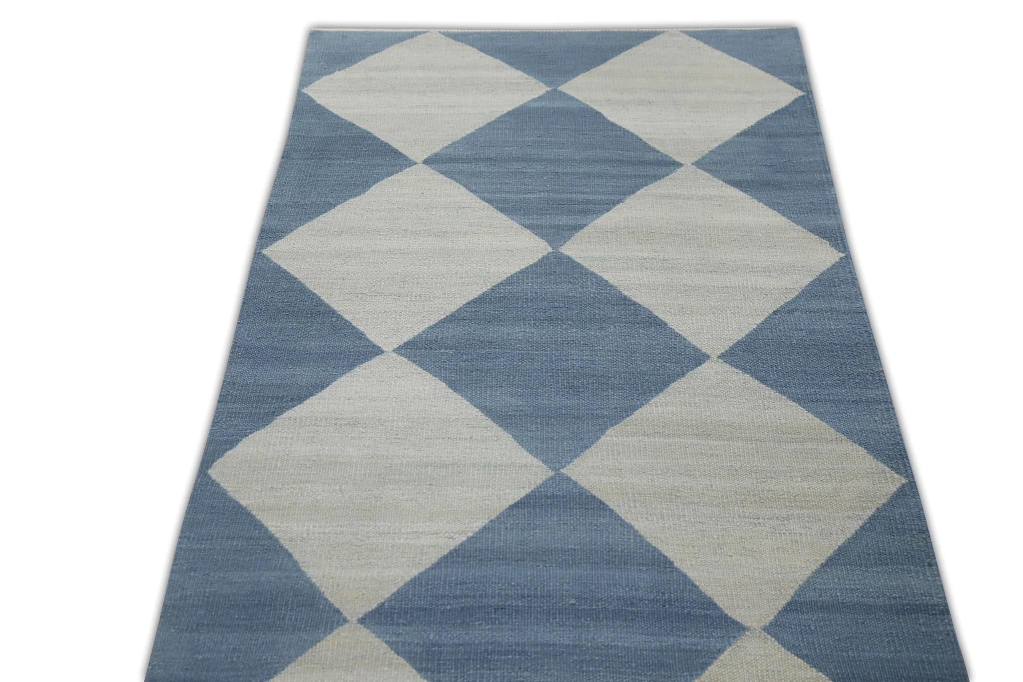 Vegetable Dyed Blue Checkered Pattern Flatweave Handmade Wool Rug 2'11