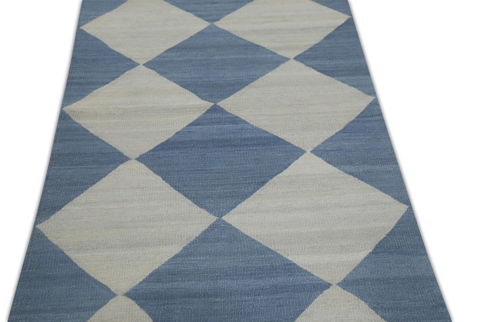 Blue Checkered Pattern Flatweave Handmade Wool Rug 2'11