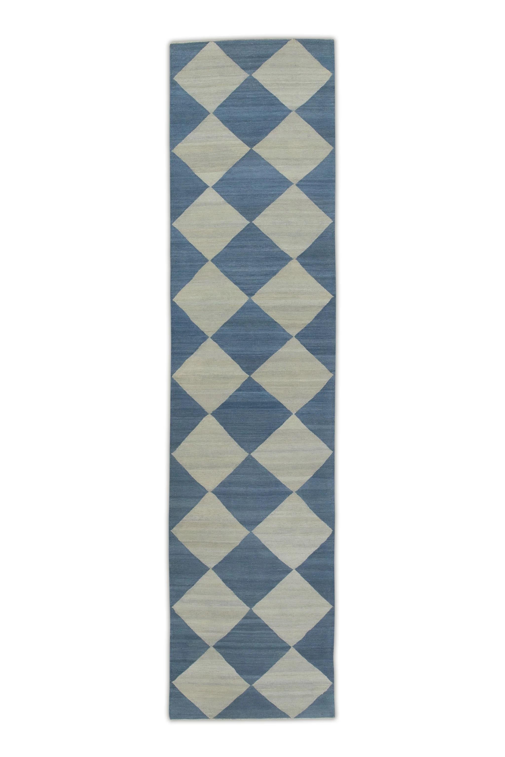 Contemporary Blue Checkered Pattern Flatweave Handmade Wool Rug 2'11