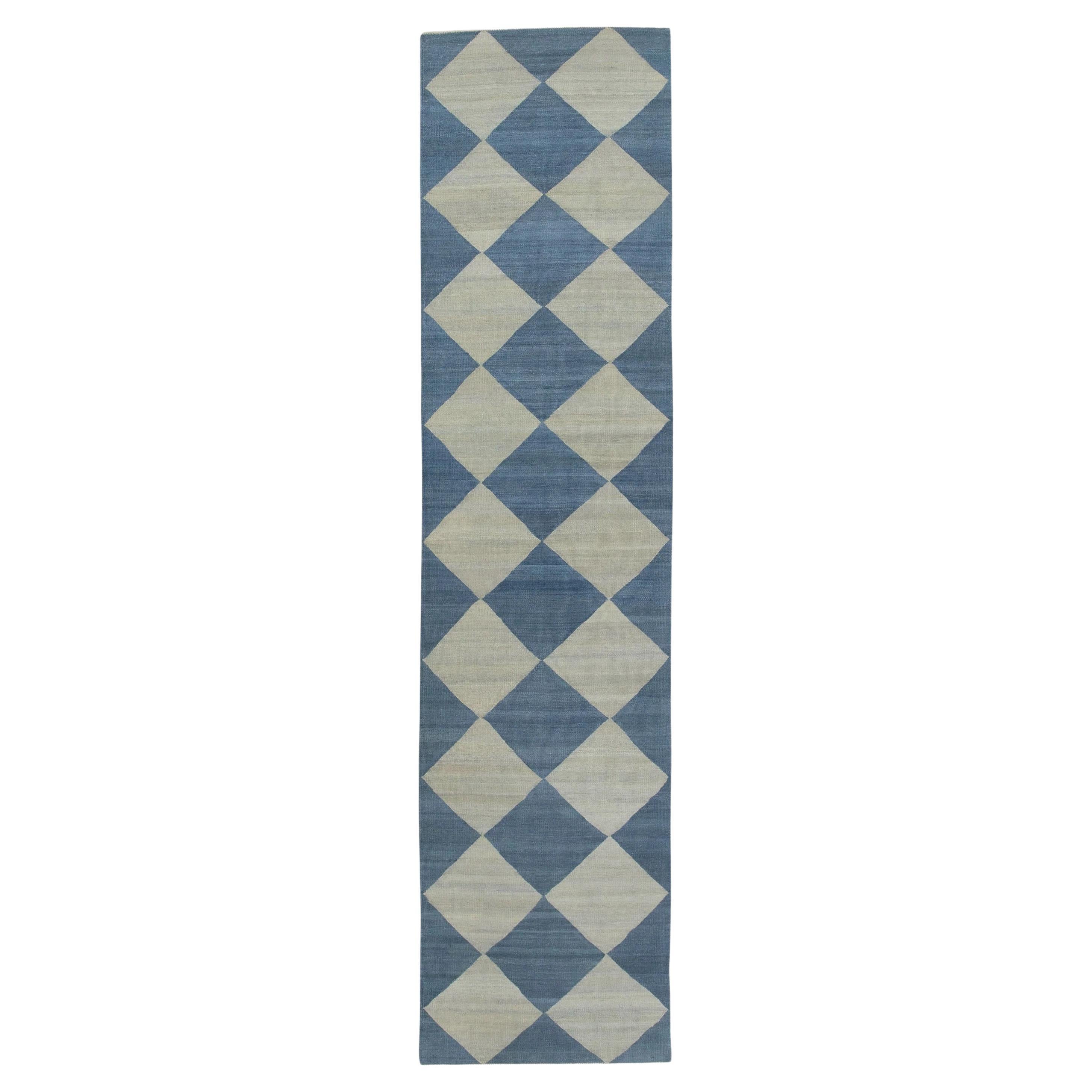 Blue Checkered Pattern Flatweave Handmade Wool Rug 2'11" X 12'5" For Sale