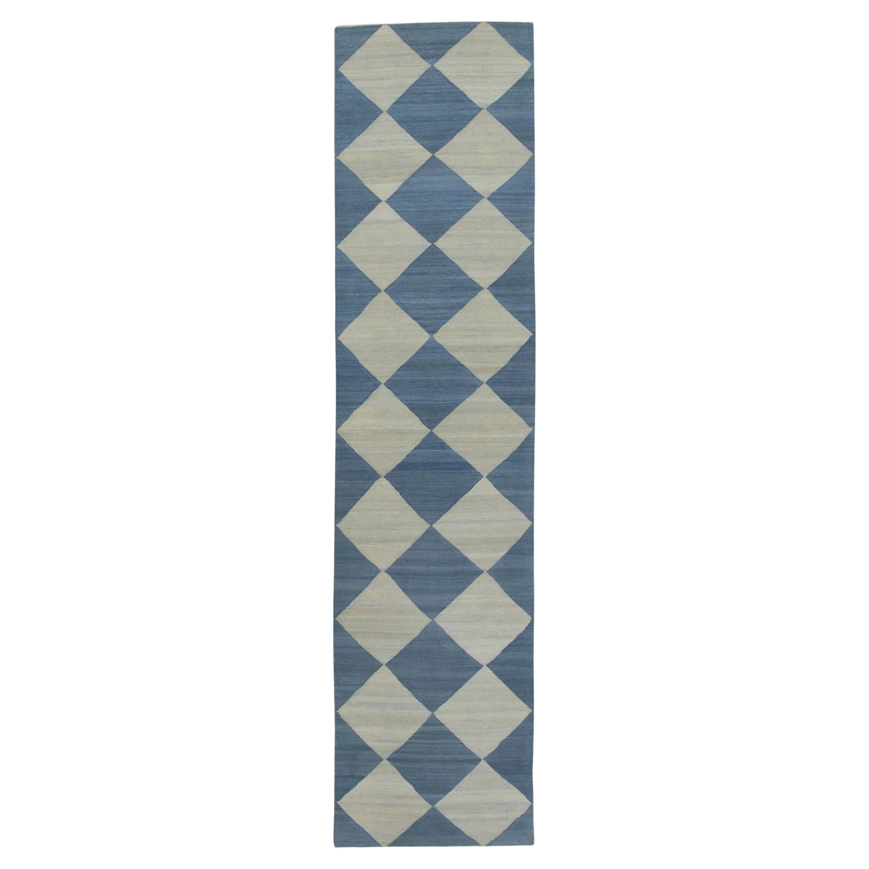 Blue Checkered Pattern Flatweave Handmade Wool Rug 2'11" X 12'5"