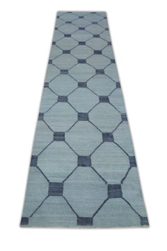 Blue Modern Flatweave Handmade Wool Runner in Navy Geometric Design 2'9" X 11'6"
