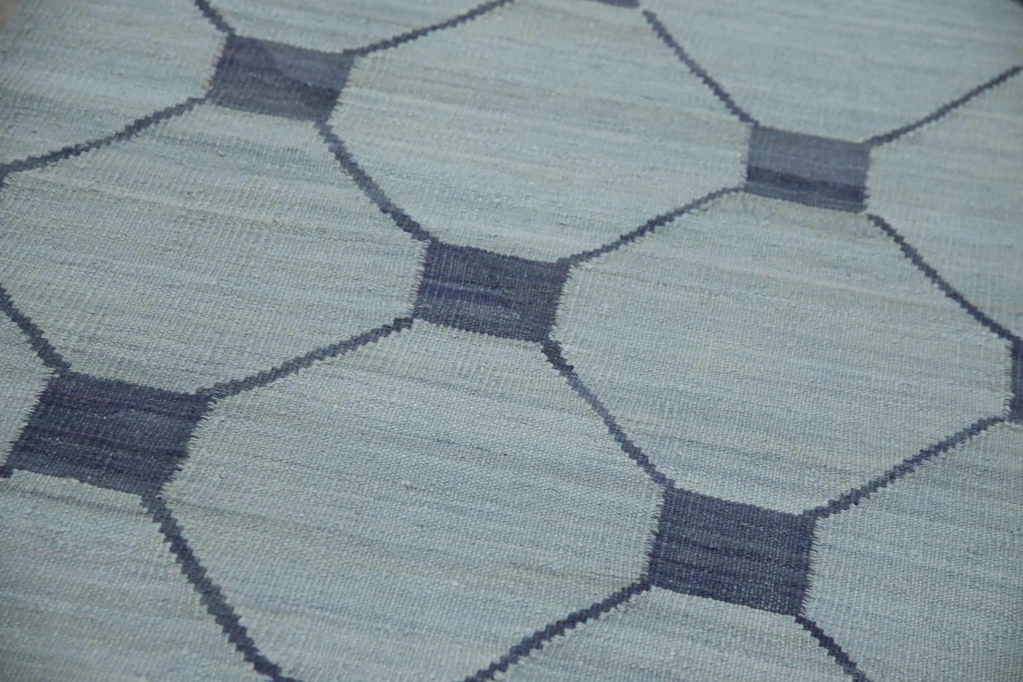 Turkish Blue Modern Flatweave Handmade Wool Runner in Navy Geometric Design 2'9