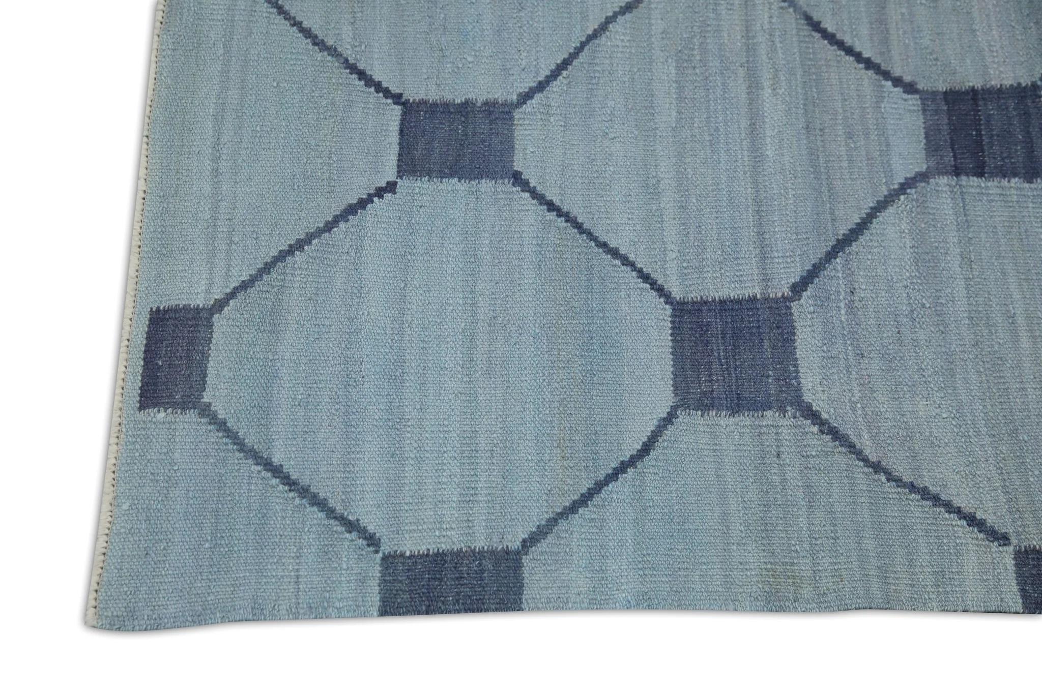 Vegetable Dyed Blue Modern Flatweave Handmade Wool Runner in Navy Geometric Design 2'9
