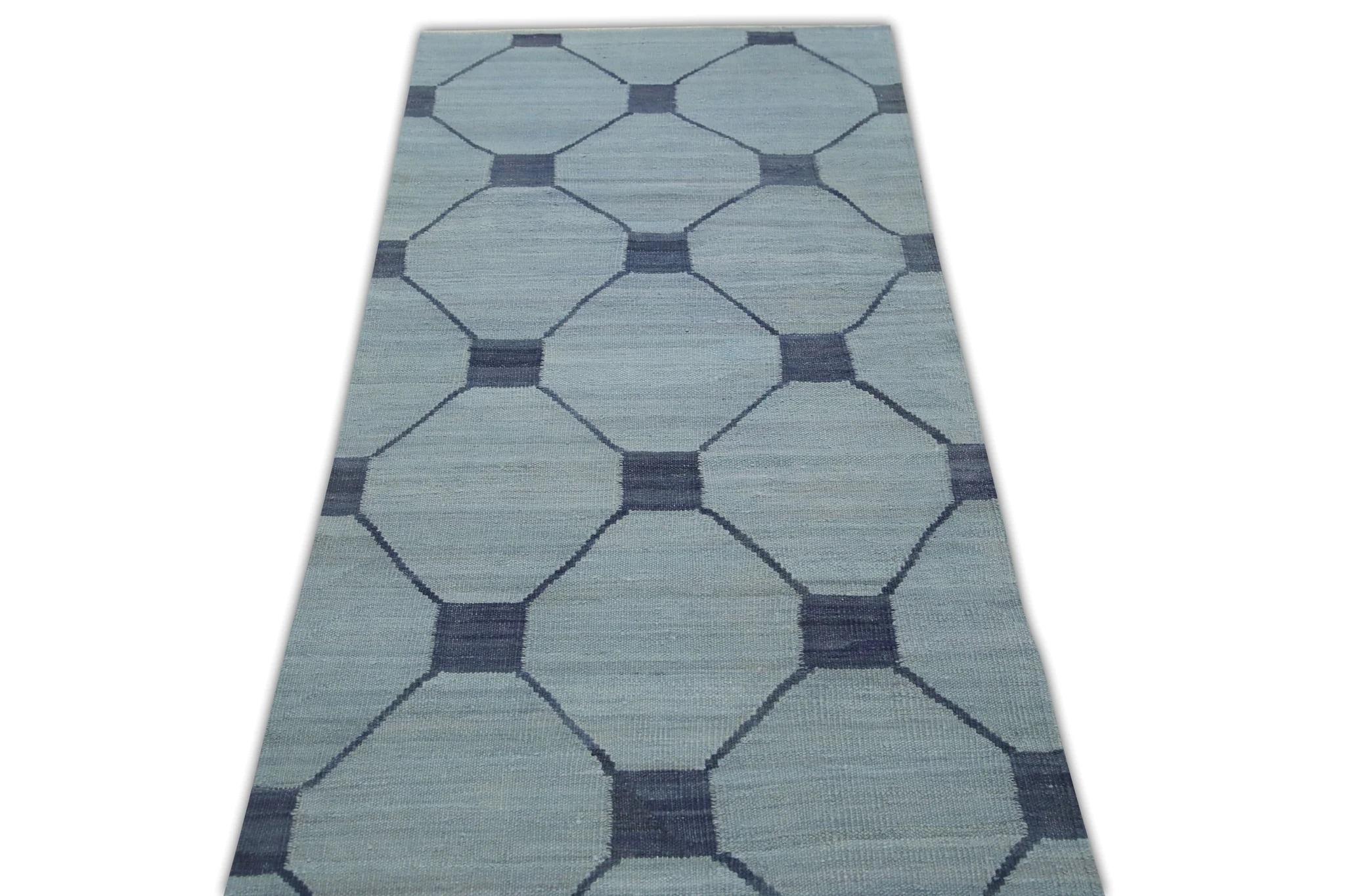 Blue Modern Flatweave Handmade Wool Runner in Navy Geometric Design 2'9