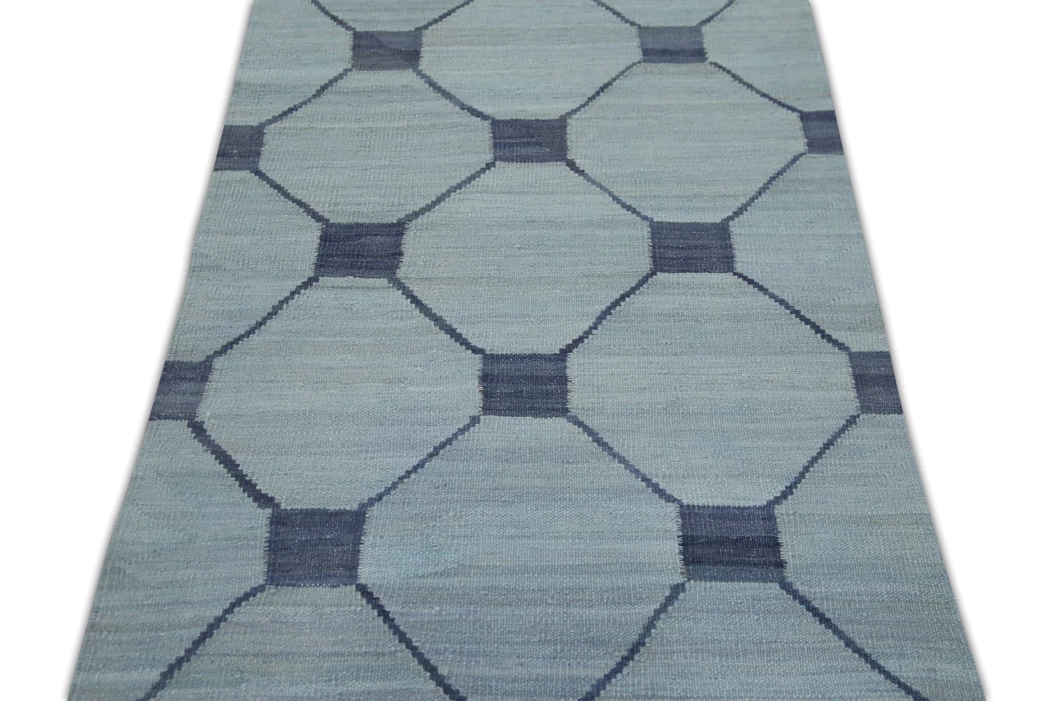Contemporary Blue Modern Flatweave Handmade Wool Runner in Navy Geometric Design 2'9