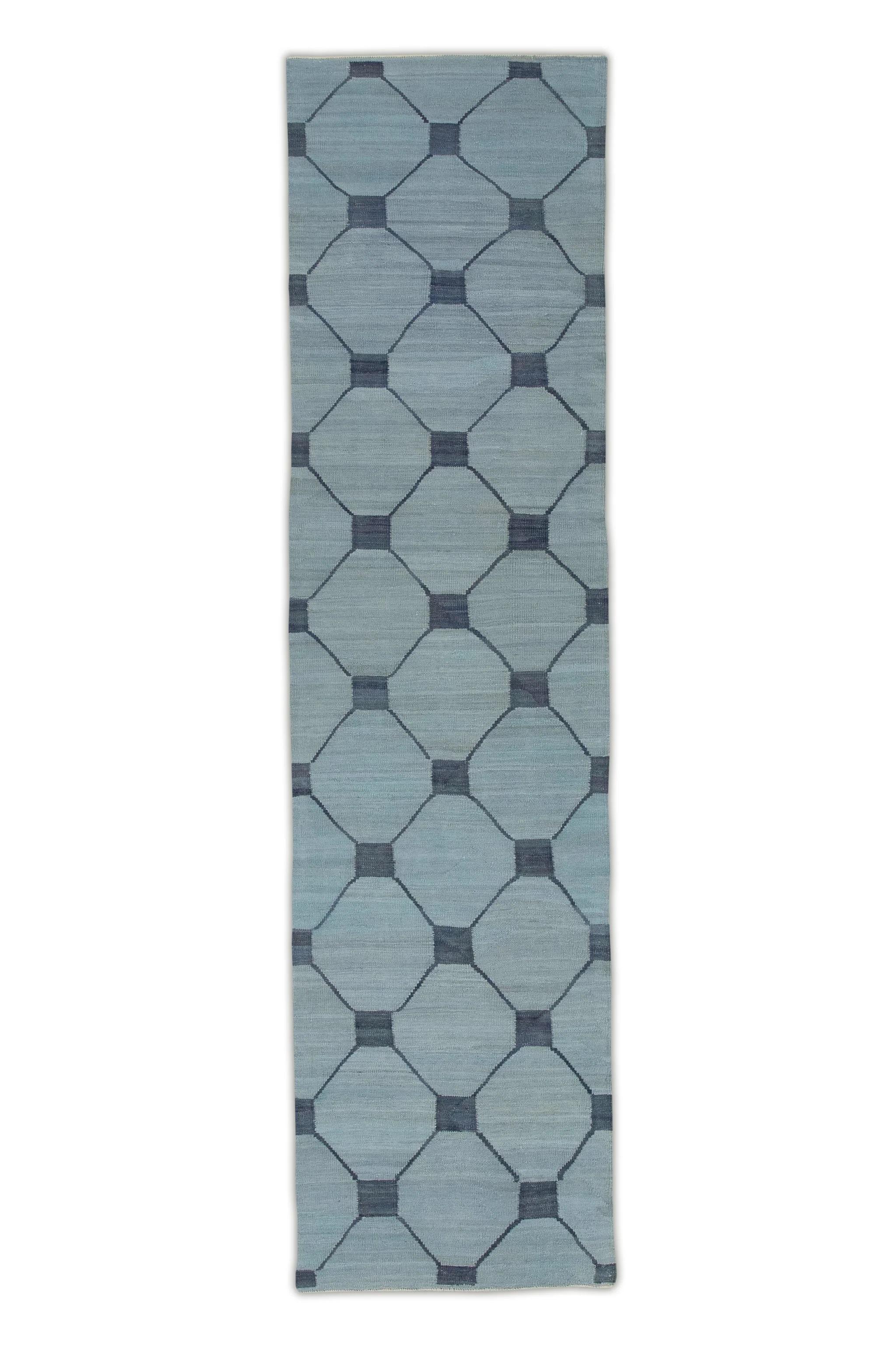 Blue Modern Flatweave Handmade Wool Runner in Navy Geometric Design 2'9