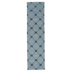 Blue Modern Flatweave Handmade Wool Runner in Navy Geometric Design 2'9" X 11'6"