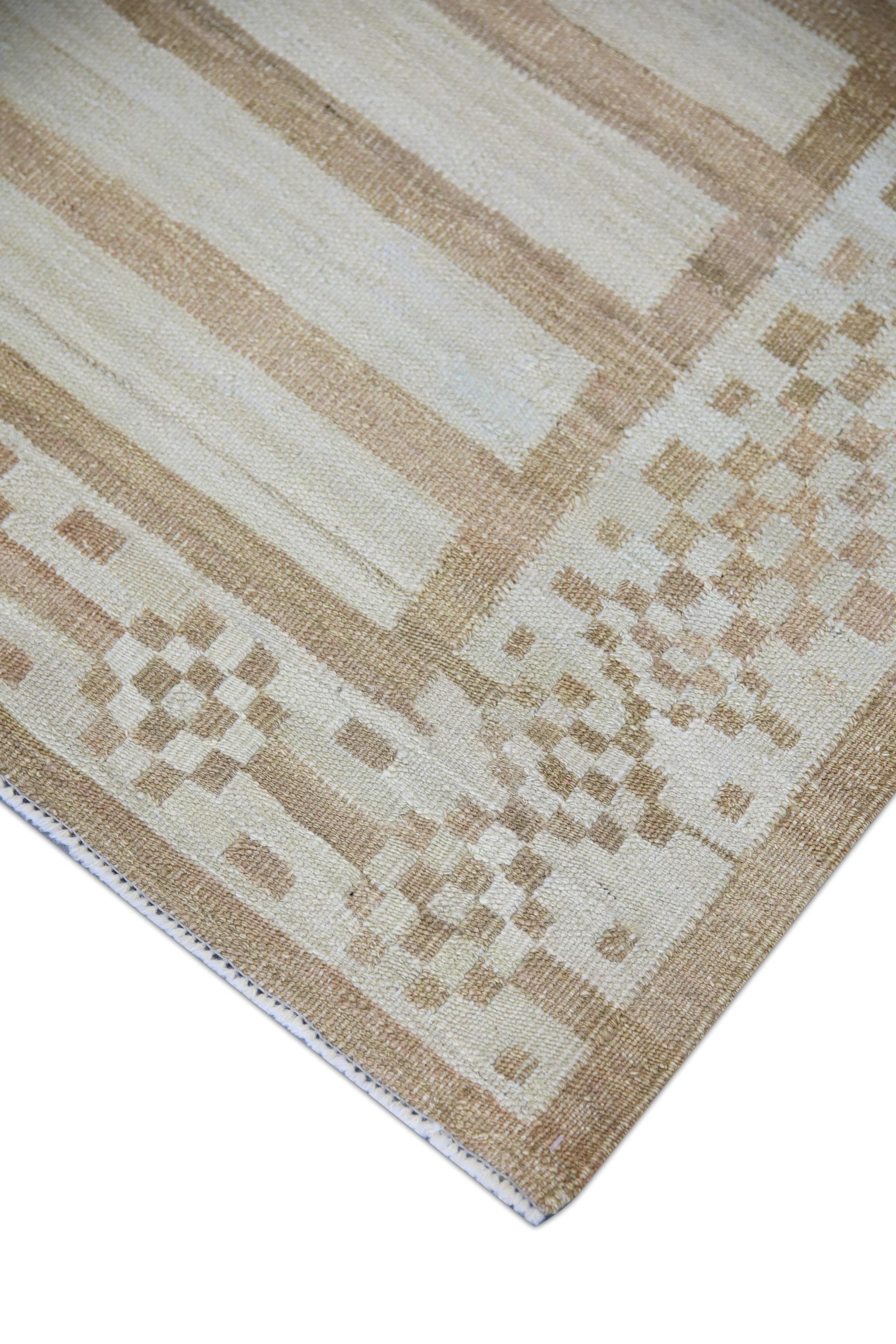 Modern Brown Geometric Design Flatweave Handmade Wool Runner 3' X 12'1
