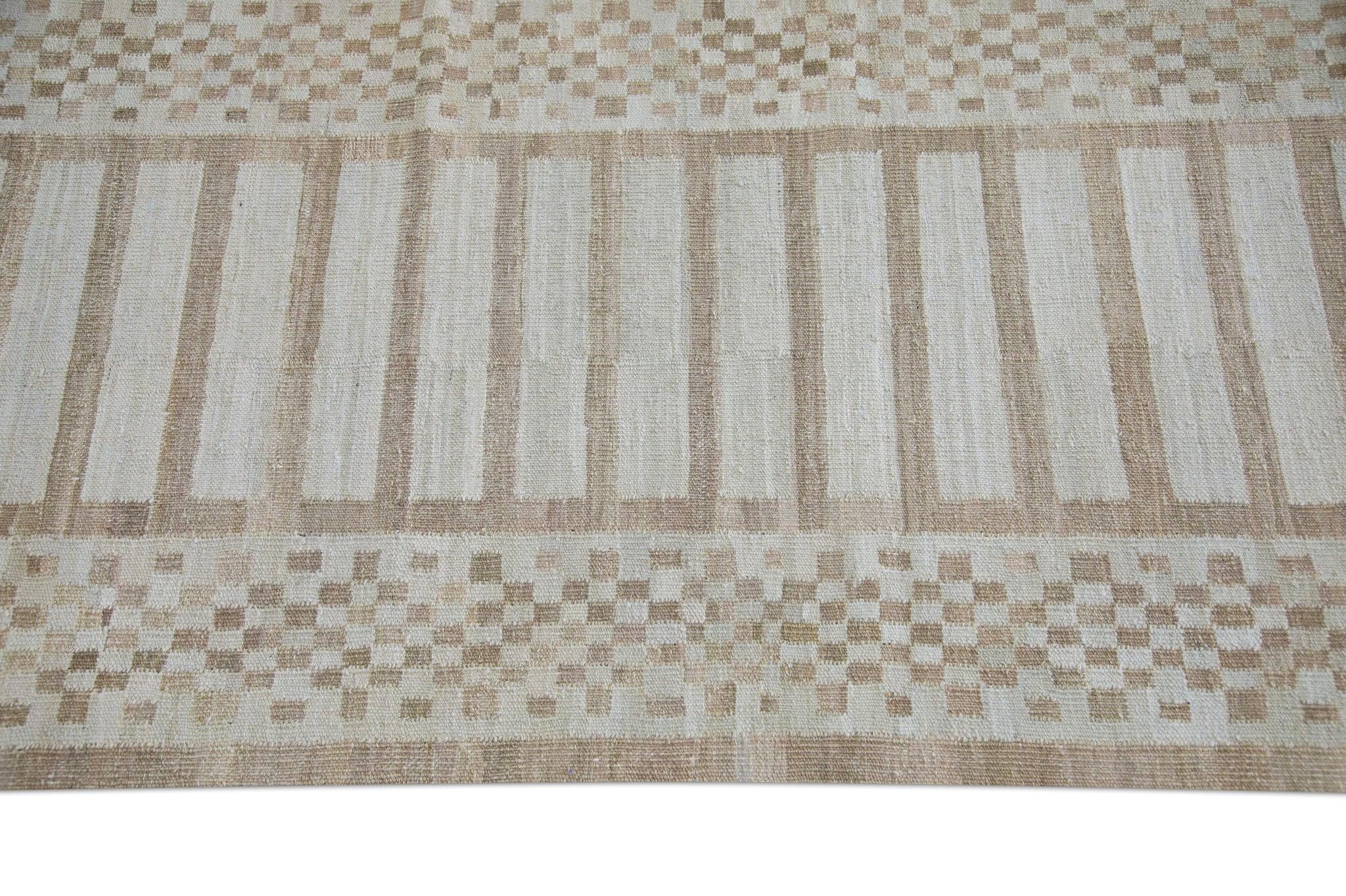 Turkish Brown Geometric Design Flatweave Handmade Wool Runner 3' X 12'1