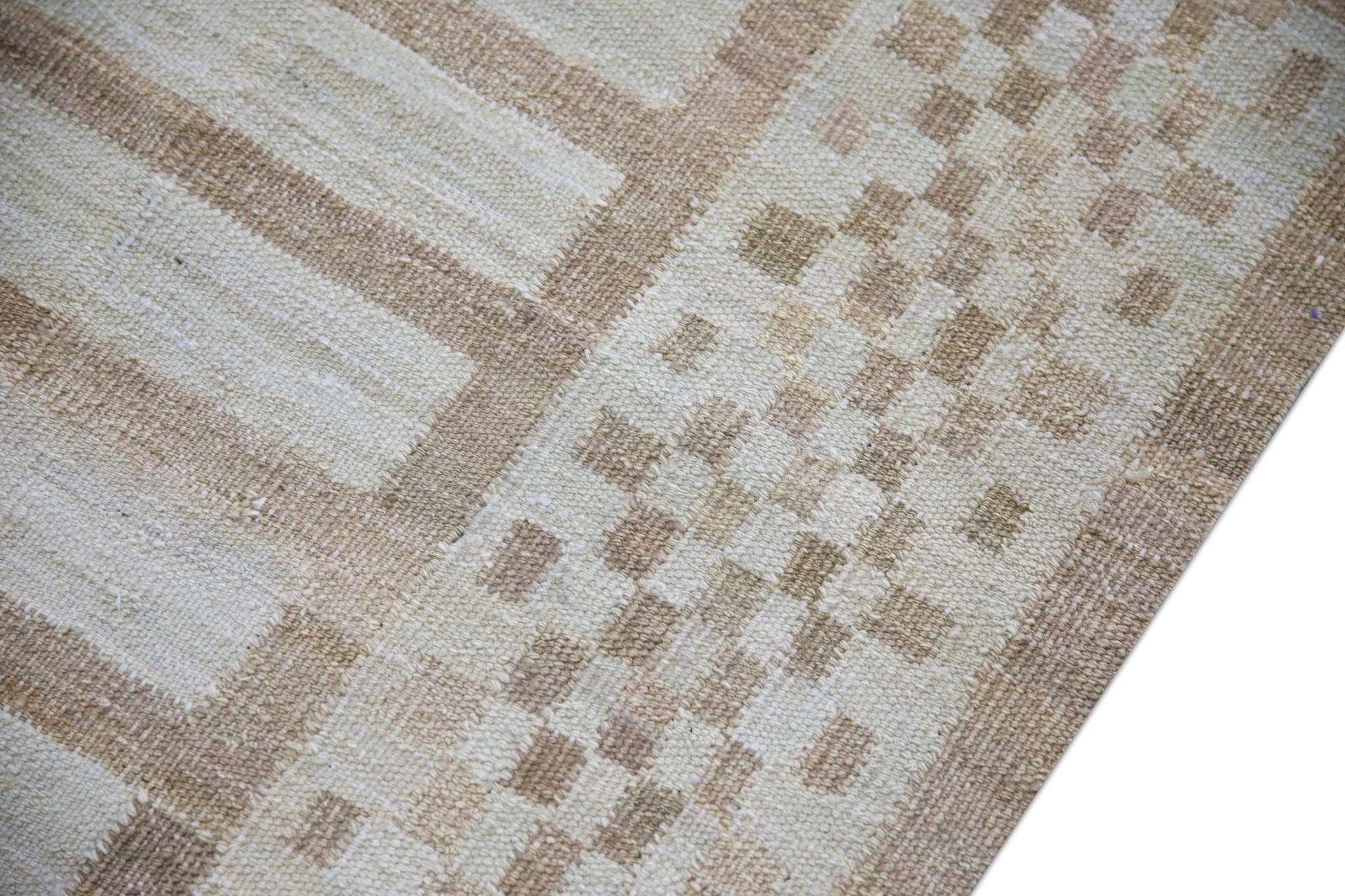 Vegetable Dyed Brown Geometric Design Flatweave Handmade Wool Runner 3' X 12'1