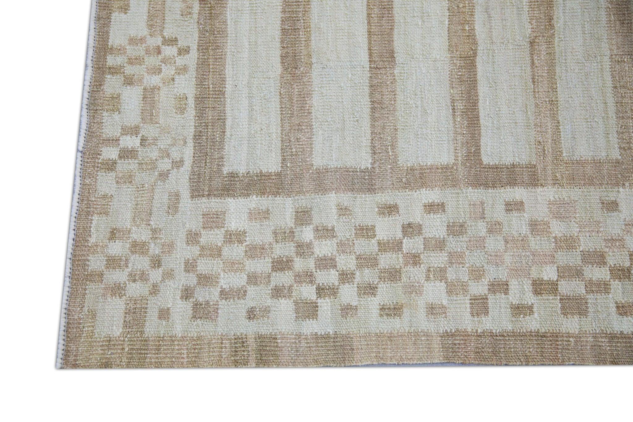 Brown Geometric Design Flatweave Handmade Wool Runner 3' X 12'1