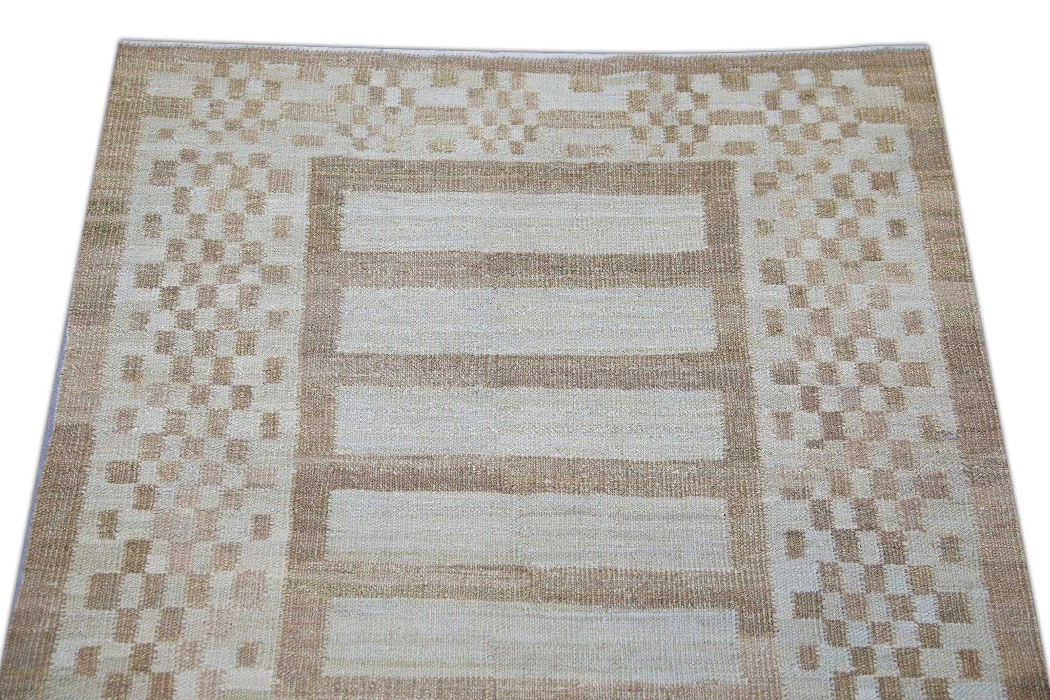Contemporary Brown Geometric Design Flatweave Handmade Wool Runner 3' X 12'1