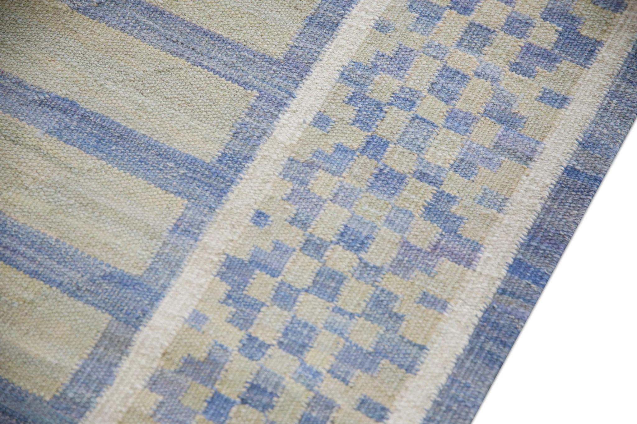 Modern Green and Blue Geometric Design Flatweave Handmade Wool Runner 3' X 12'3