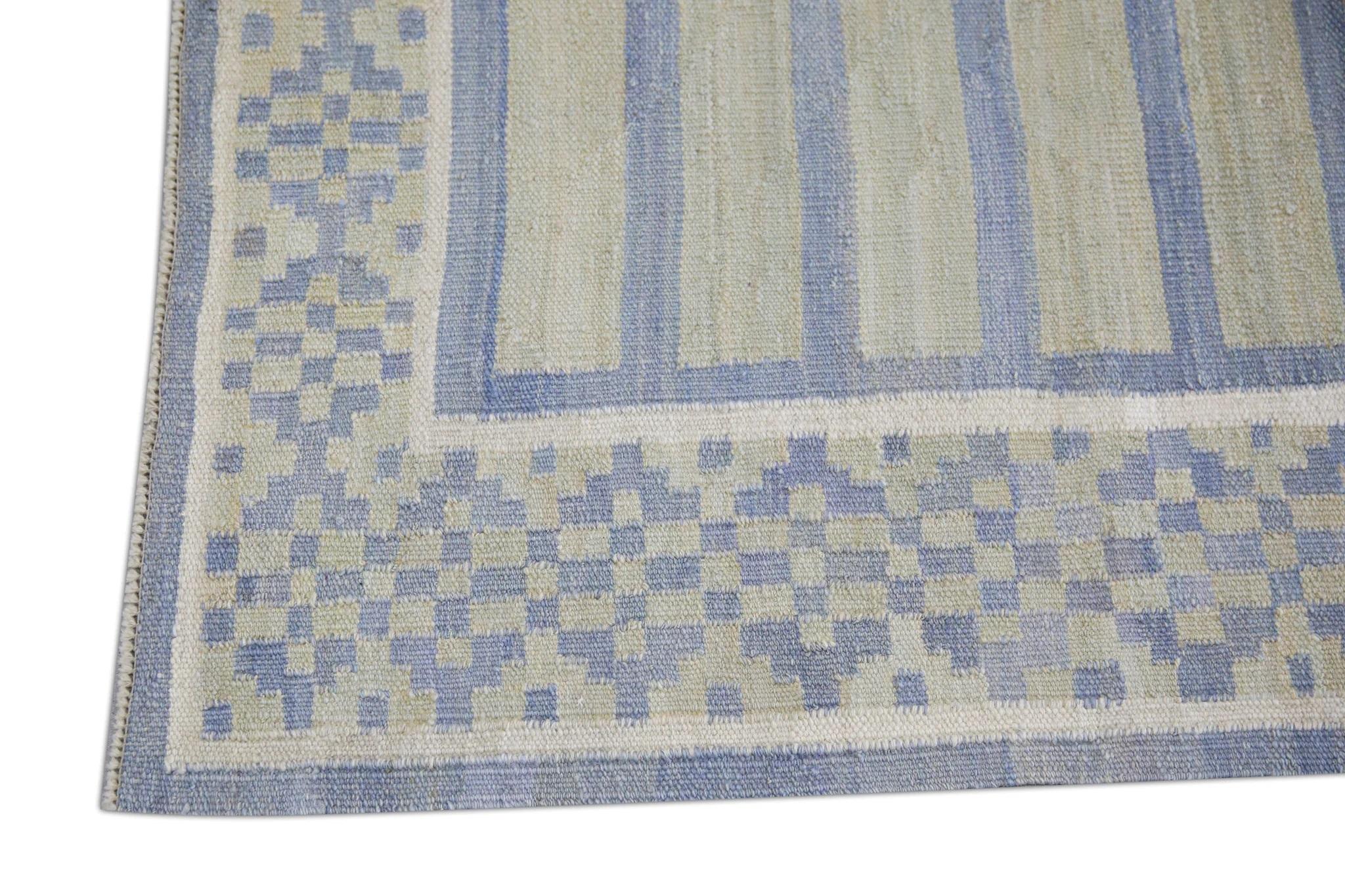 Turkish Green and Blue Geometric Design Flatweave Handmade Wool Runner 3' X 12'3