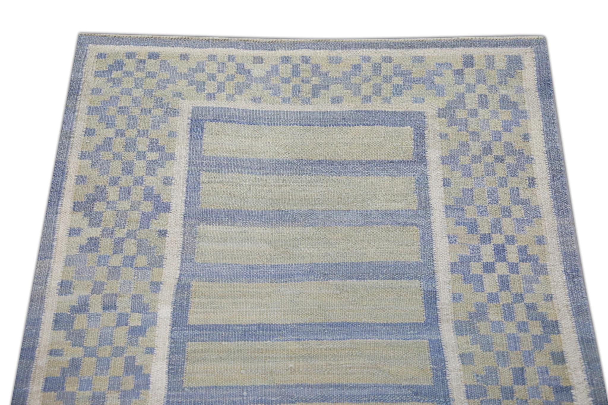 Green and Blue Geometric Design Flatweave Handmade Wool Runner 3' X 12'3