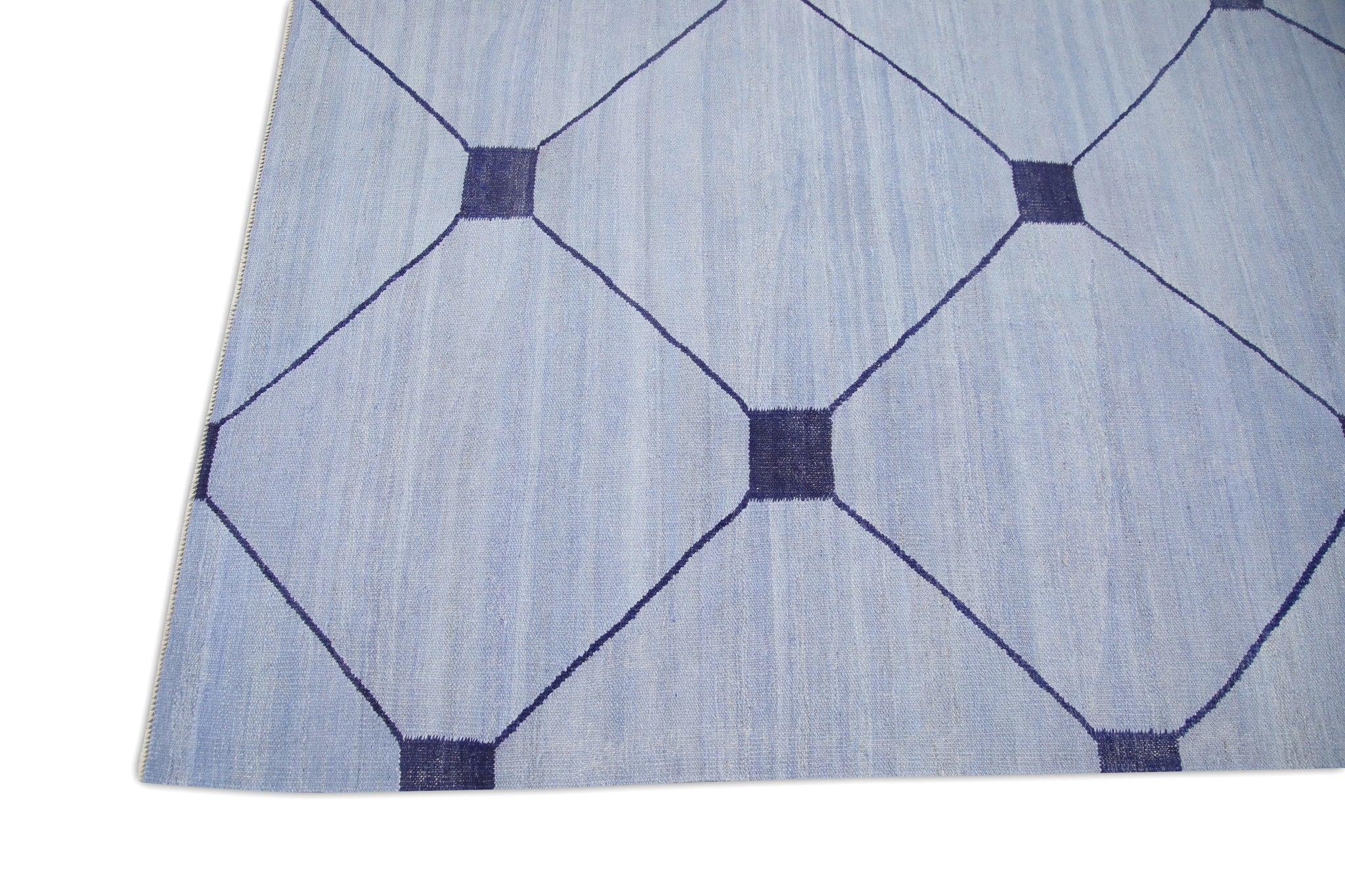 Vegetable Dyed Blue Modern Flatweave Handmade Wool Rug in Navy Geometric Design 8' X 10'1