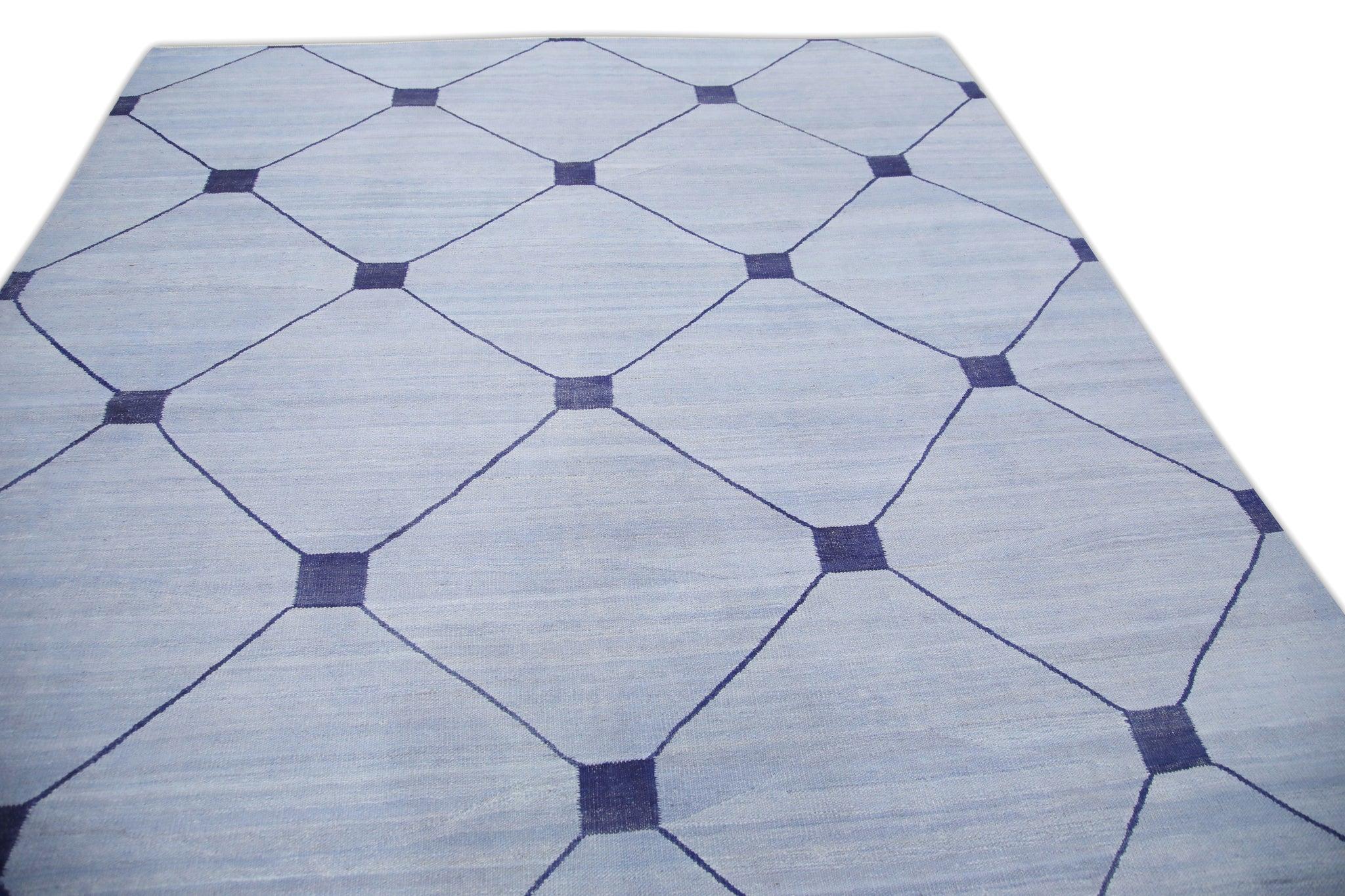 Blue Modern Flatweave Handmade Wool Rug in Navy Geometric Design 8' X 10'1