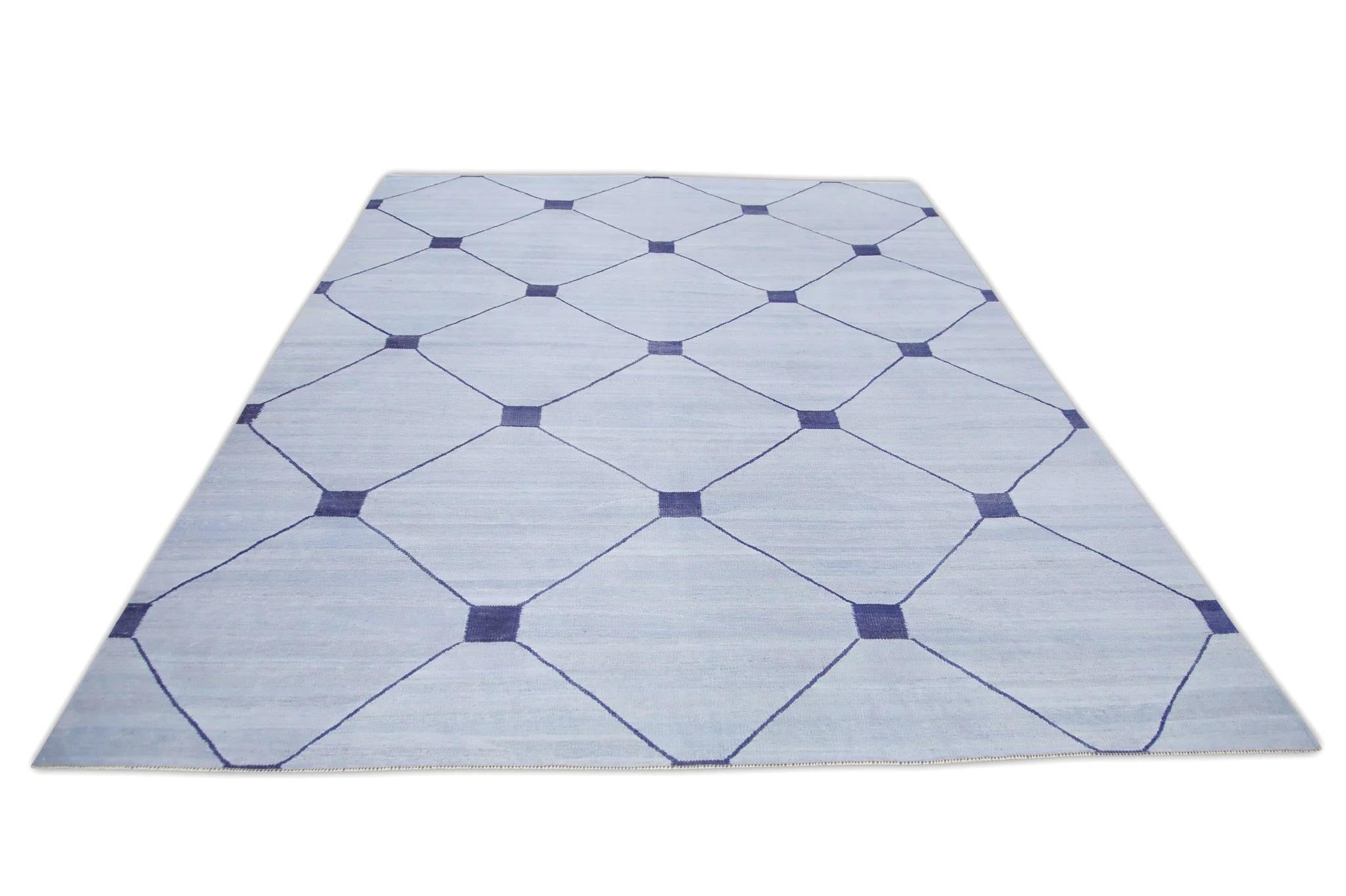 Contemporary Blue Modern Flatweave Handmade Wool Rug in Navy Geometric Design 8' X 10'1
