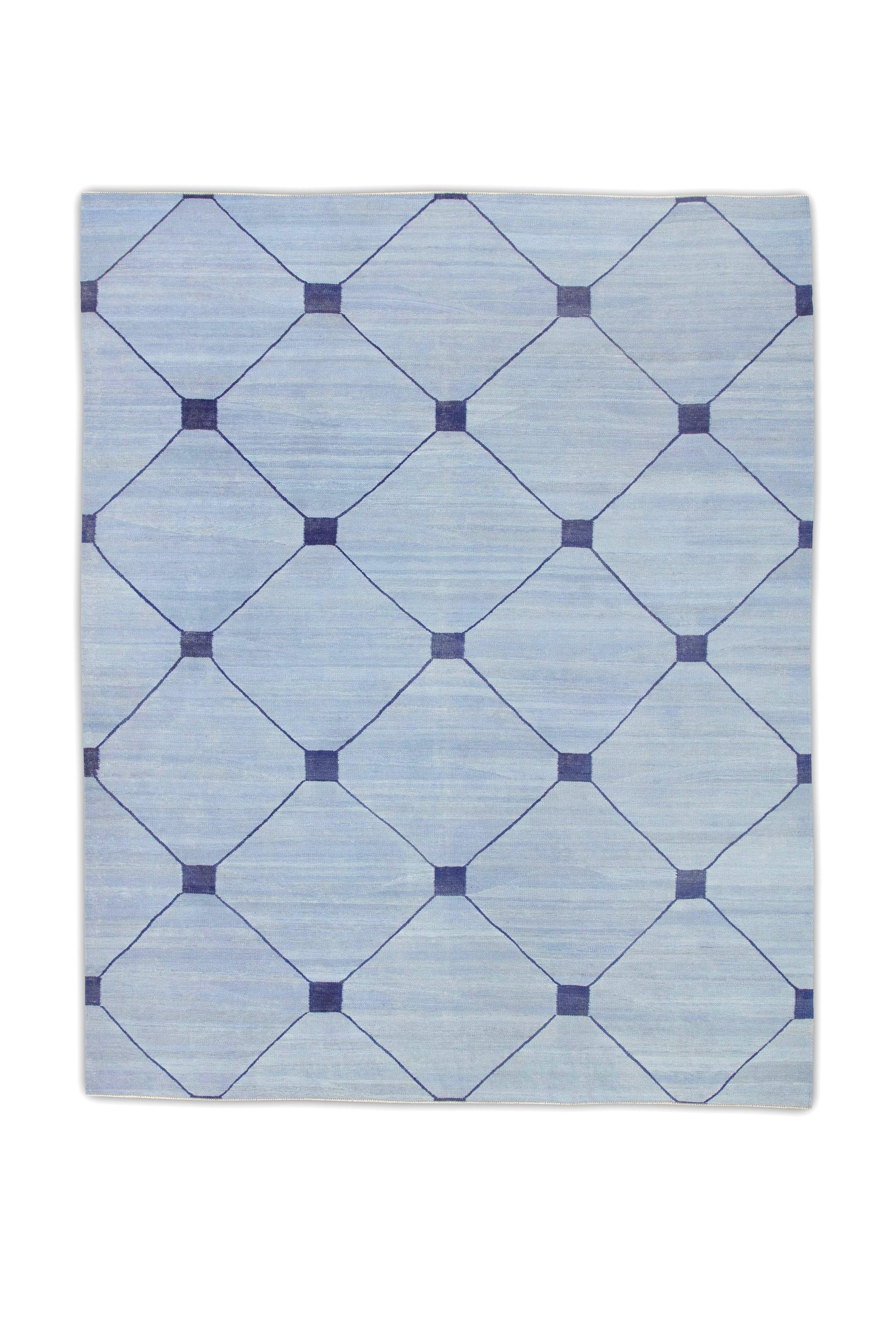 Blue Modern Flatweave Handmade Wool Rug in Navy Geometric Design 8' X 10'1
