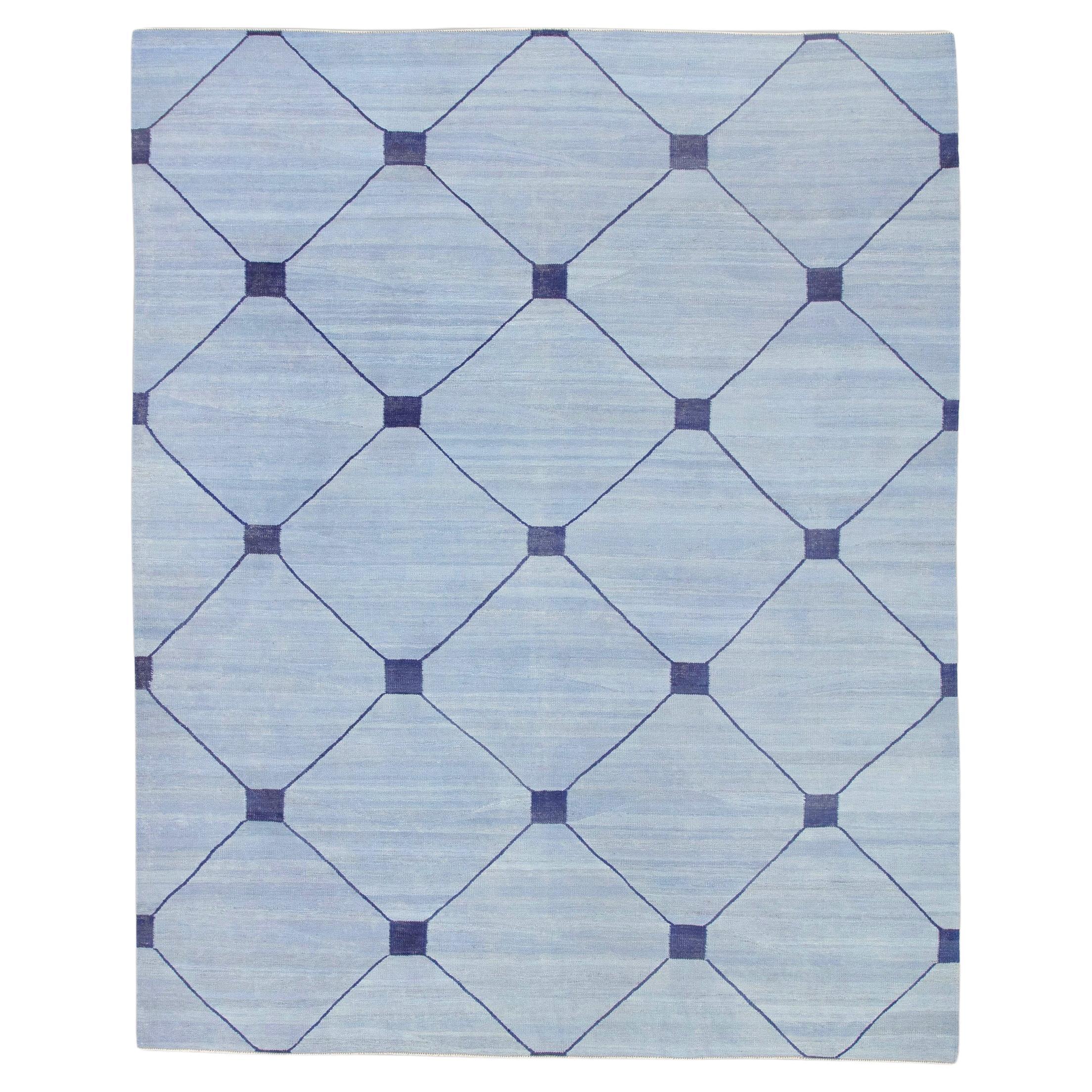 Blue Modern Flatweave Handmade Wool Rug in Navy Geometric Design 8' X 10'1" For Sale
