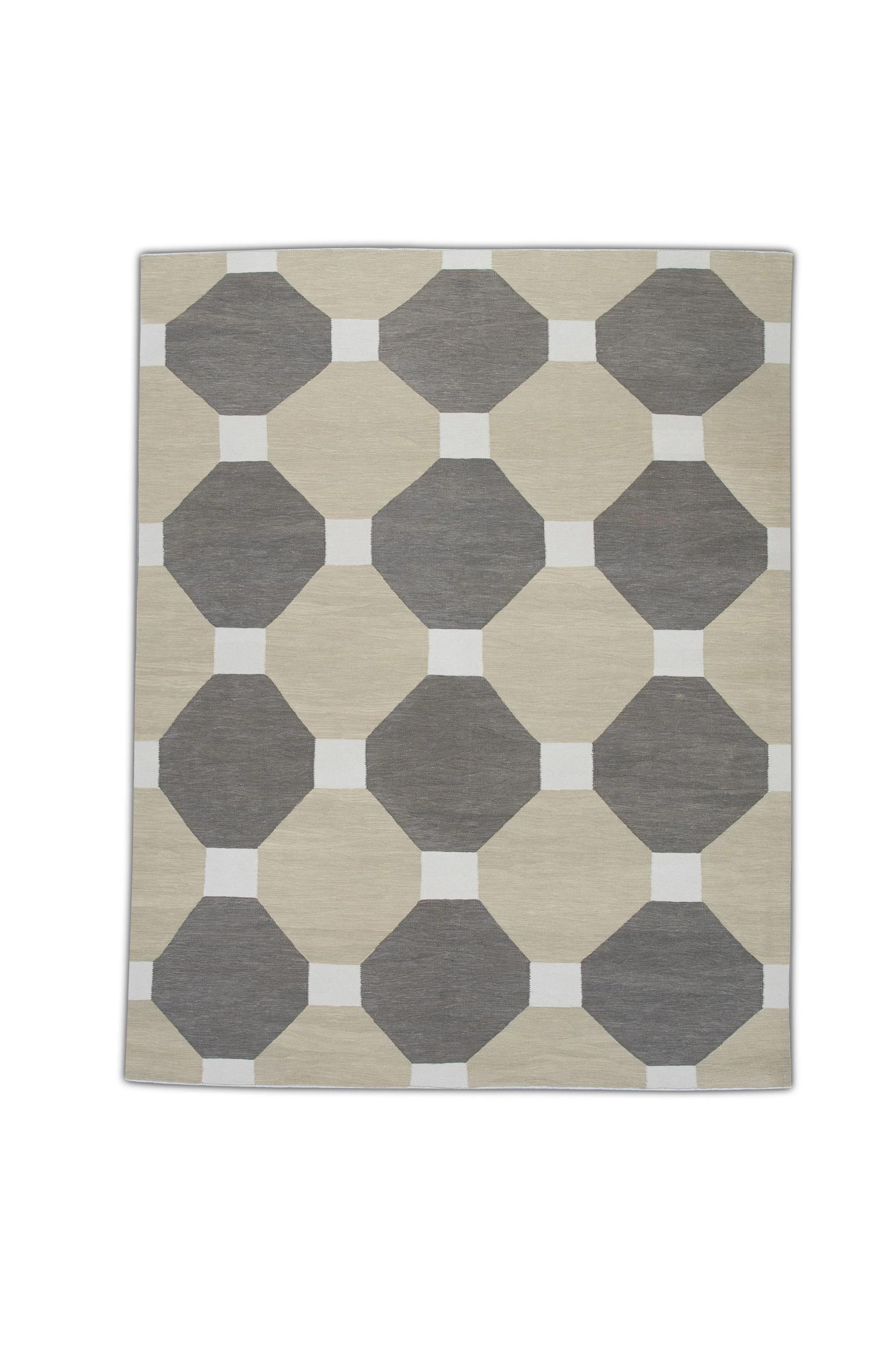 Handgefertigter brauner und brauner Flachgewebe-Wollteppich in geometrischem Muster 8' X 10'4