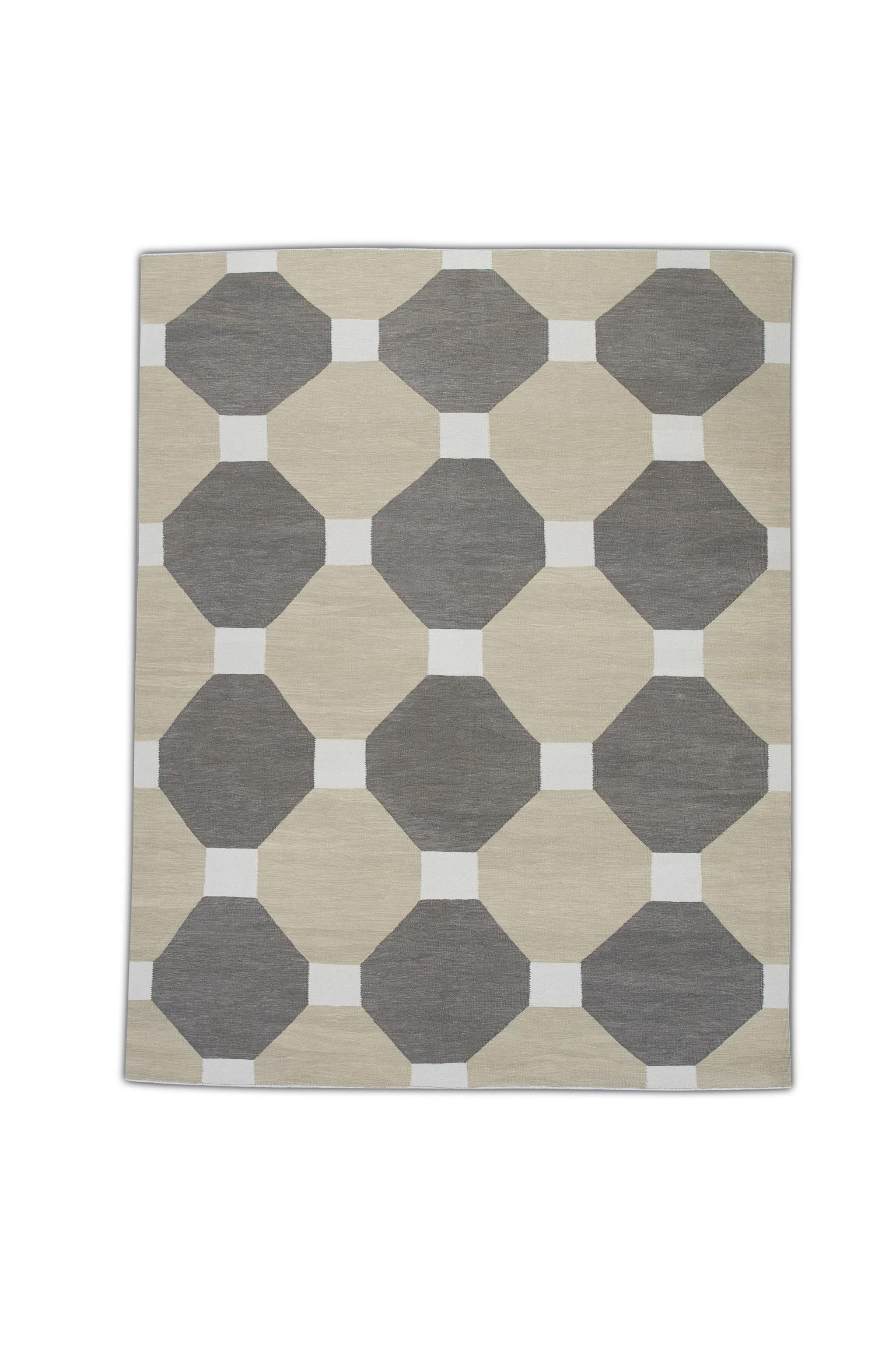 Tan and Brown Flatweave Handmade Wool Rug in Geometric Pattern 8' X 10'4