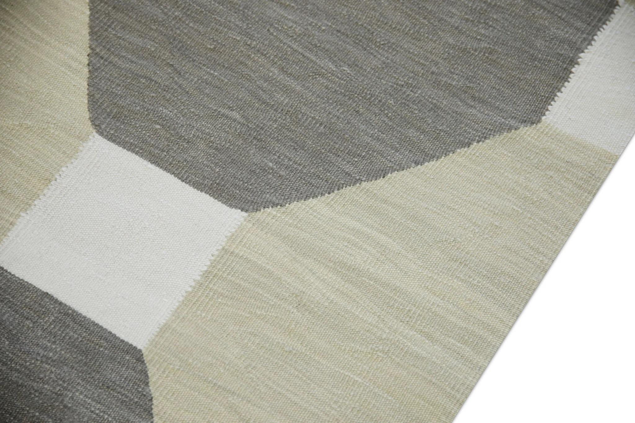 Turkish Tan and Brown Flatweave Handmade Wool Rug in Geometric Pattern 8' X 10'4