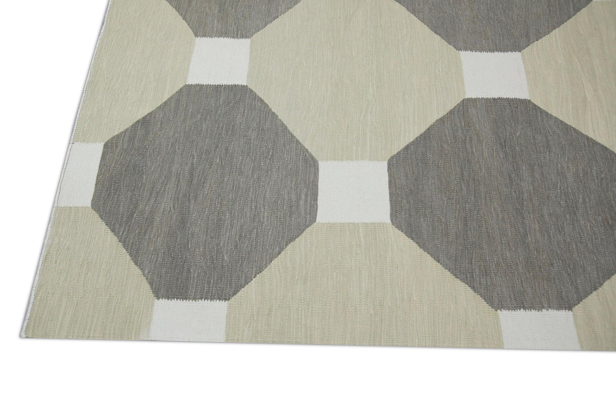 Vegetable Dyed Tan and Brown Flatweave Handmade Wool Rug in Geometric Pattern 8' X 10'4