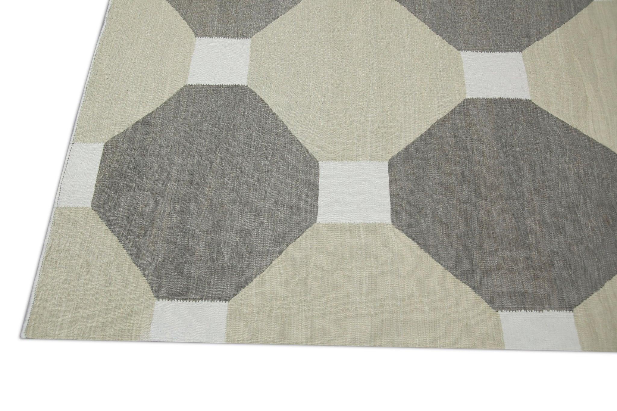 Handgefertigter brauner und brauner Flachgewebe-Wollteppich in geometrischem Muster 8' X 10'4