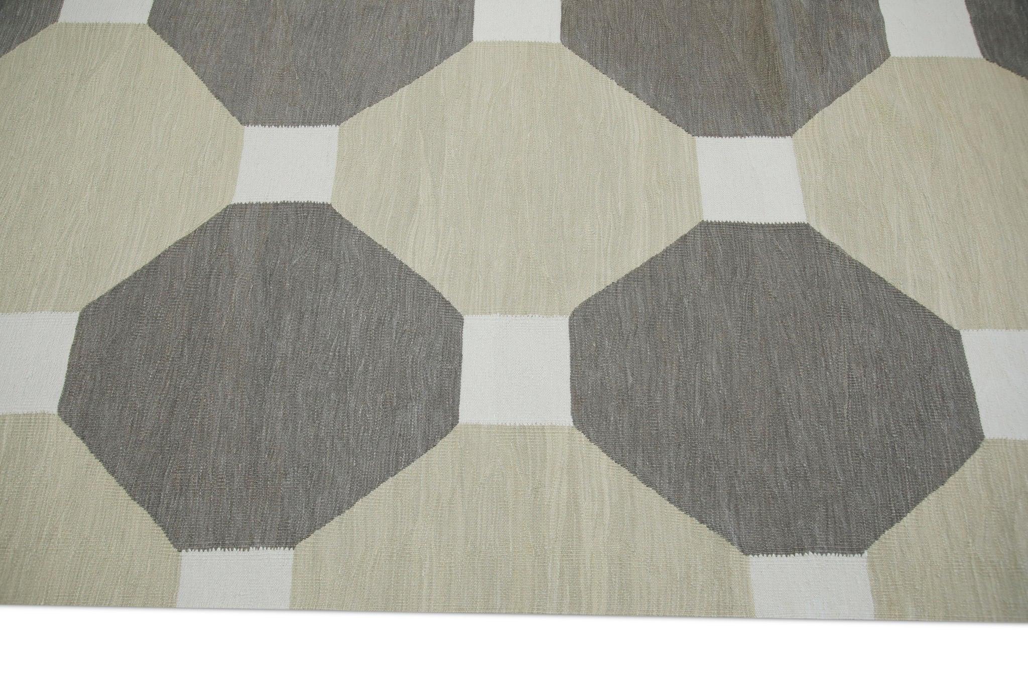 Tan and Brown Flatweave Handmade Wool Rug in Geometric Pattern 8' X 10'4
