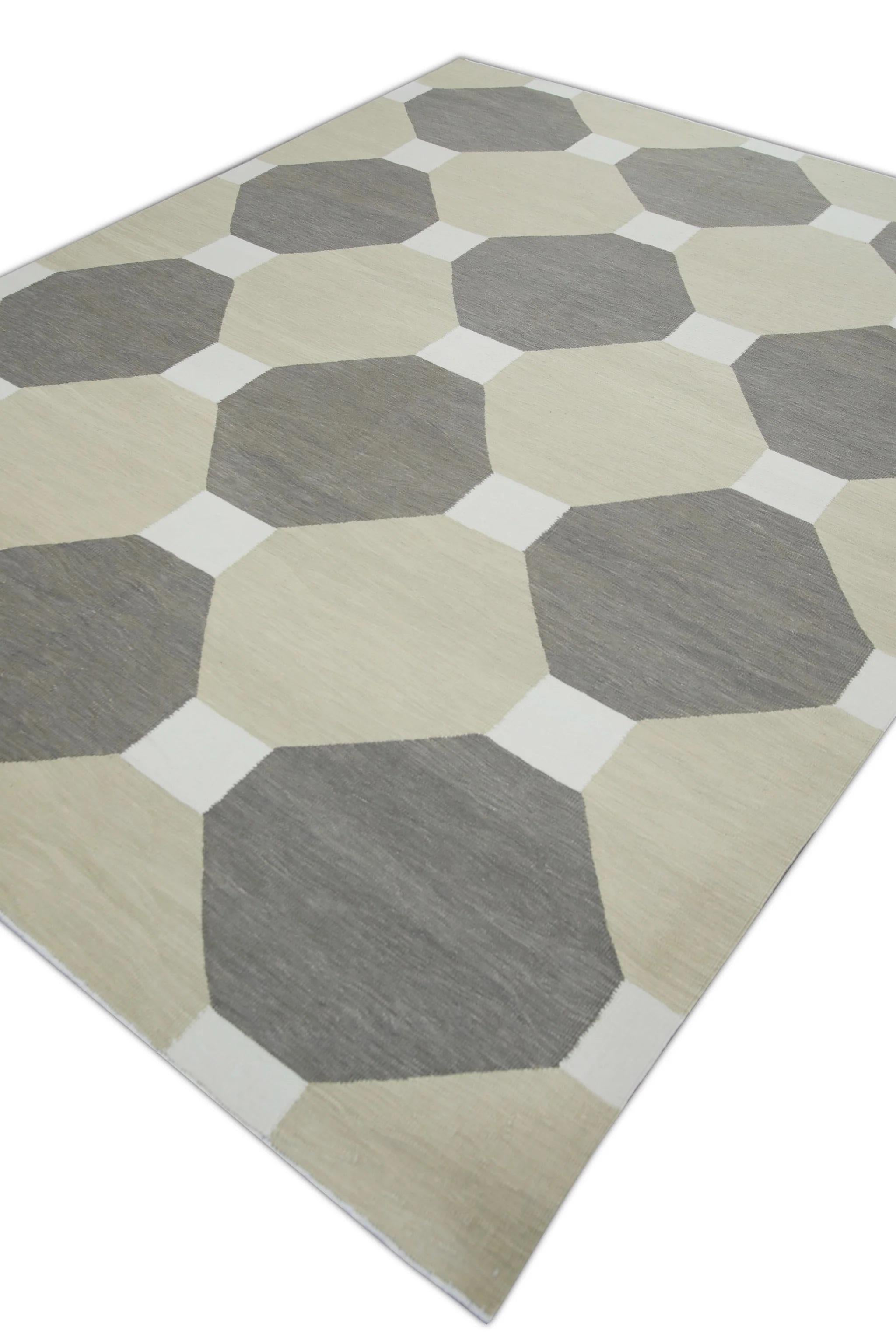 Contemporary Tan and Brown Flatweave Handmade Wool Rug in Geometric Pattern 8' X 10'4