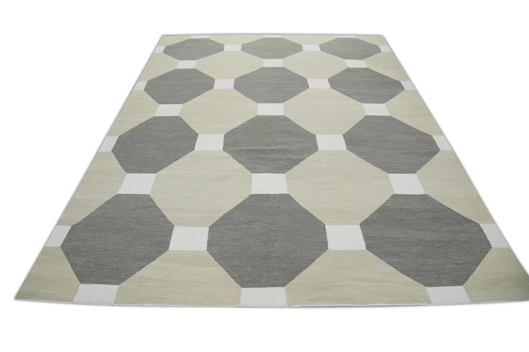 Tan and Brown Flatweave Handmade Wool Rug in Geometric Pattern 8' X 10'4