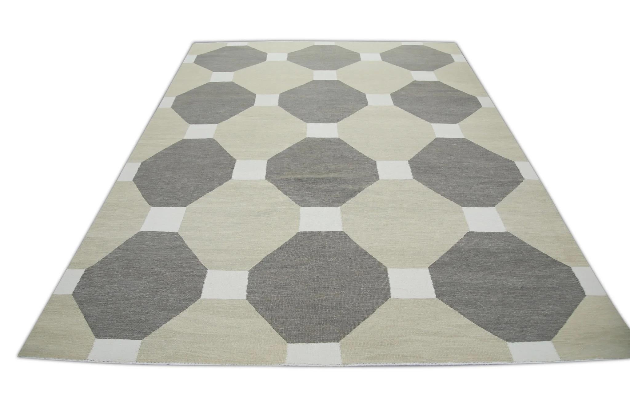 Handgefertigter brauner und brauner Flachgewebe-Wollteppich in geometrischem Muster 8' X 10'4