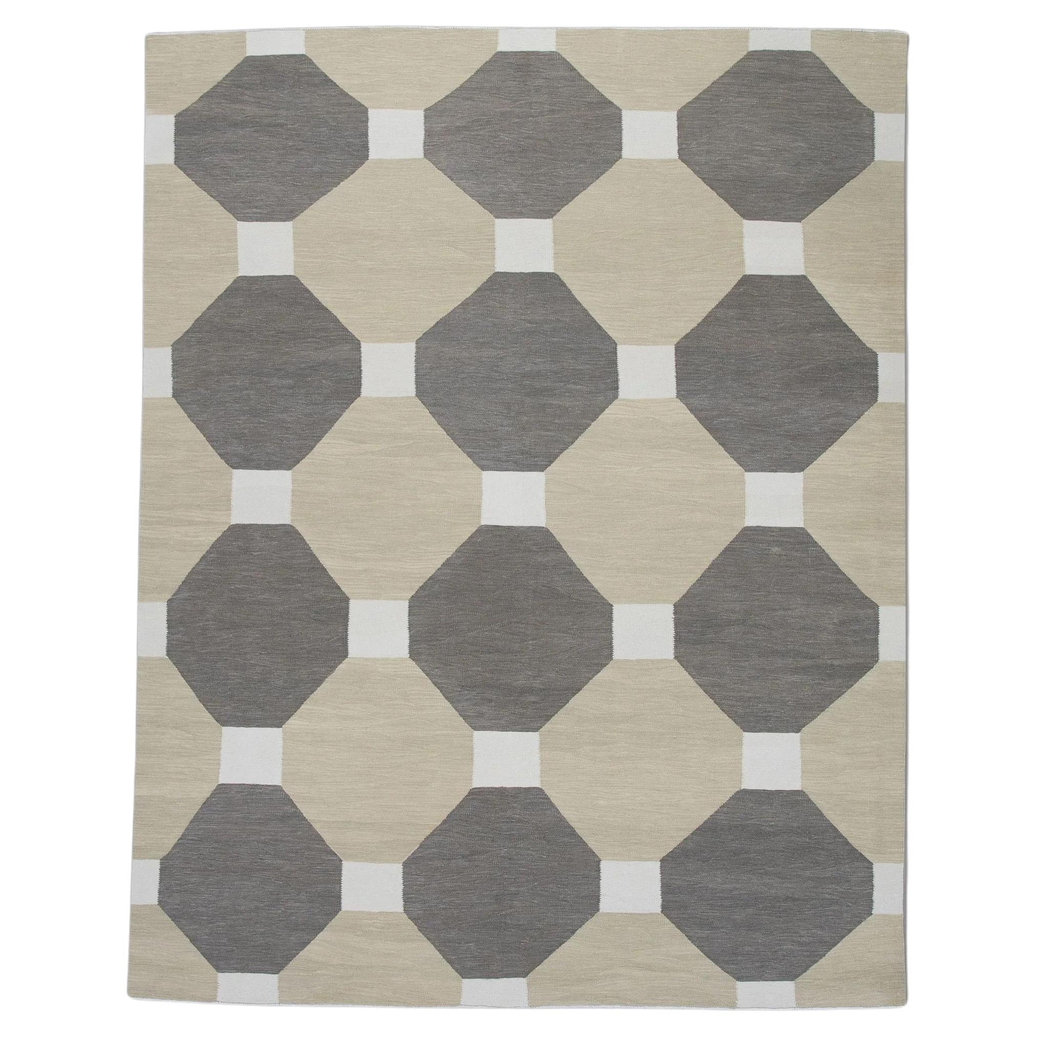 Tan and Brown Flatweave Handmade Wool Rug in Geometric Pattern 8' X 10'4" For Sale