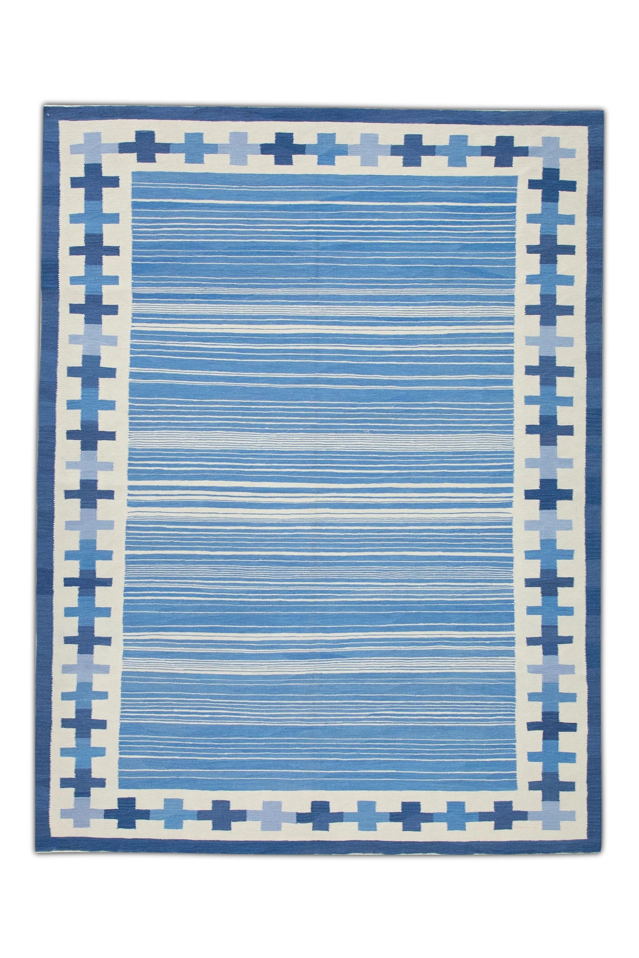 Blue Geometric Design Flatweave Handmade Wool Rug 8' X 10'6