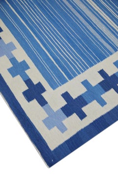 Tappeto in lana fatto a mano con disegno geometrico blu a tessitura piatta 8' X 10'6"