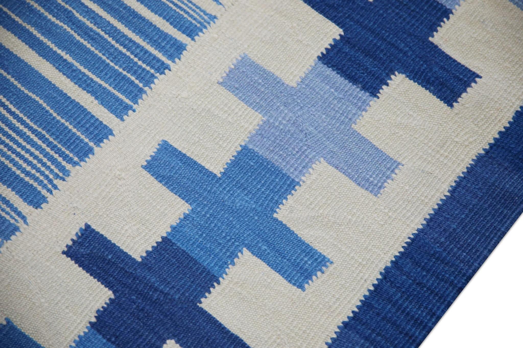 Modern Blue Geometric Design Flatweave Handmade Wool Rug 8' X 10'6