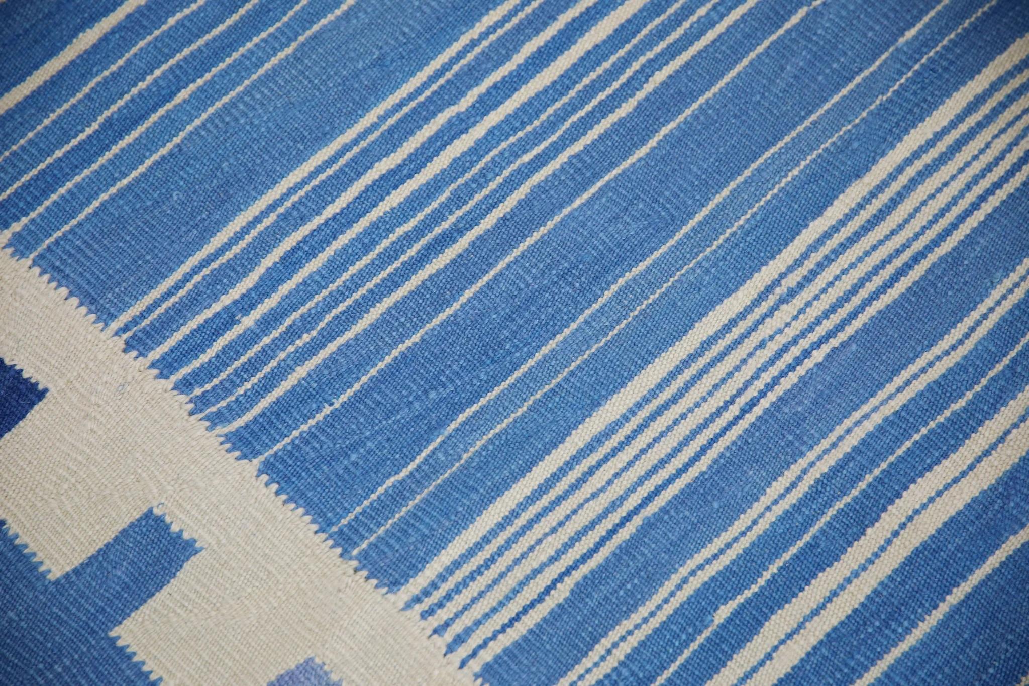 Turkish Blue Geometric Design Flatweave Handmade Wool Rug 8' X 10'6