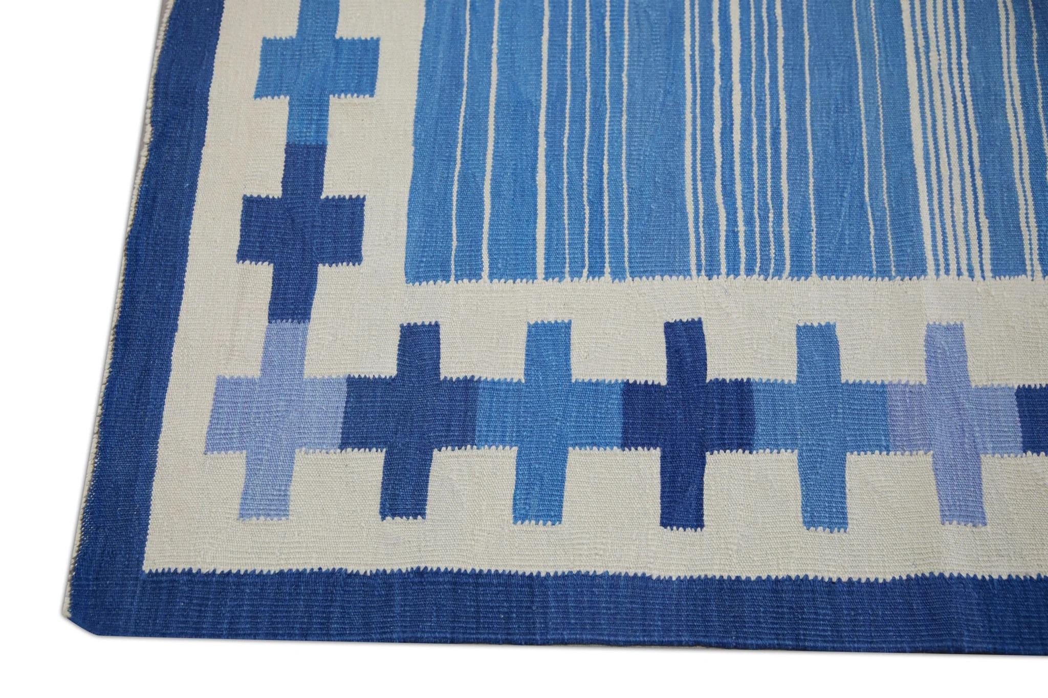 Vegetable Dyed Blue Geometric Design Flatweave Handmade Wool Rug 8' X 10'6