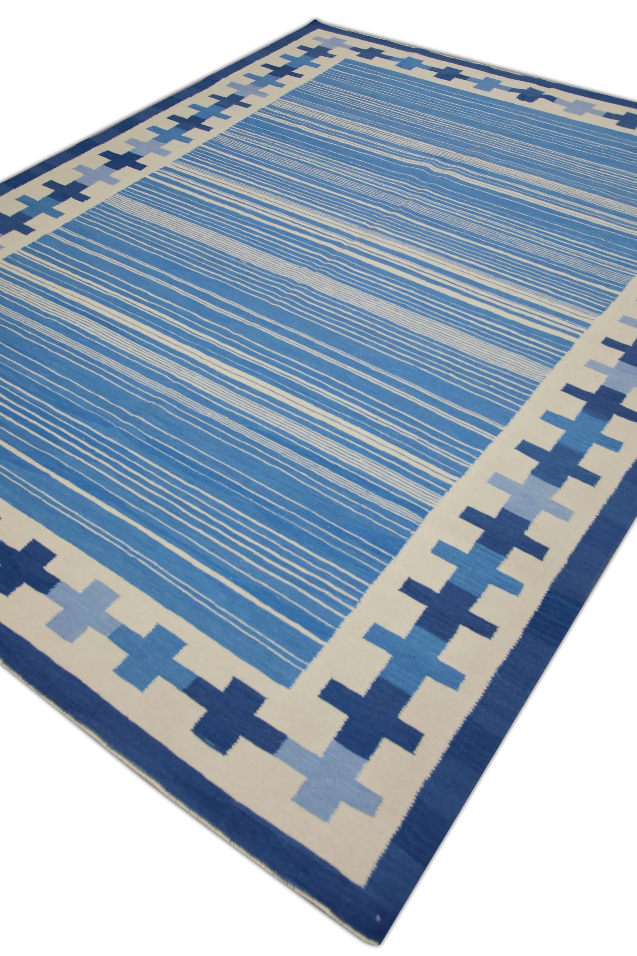 Contemporary Blue Geometric Design Flatweave Handmade Wool Rug 8' X 10'6